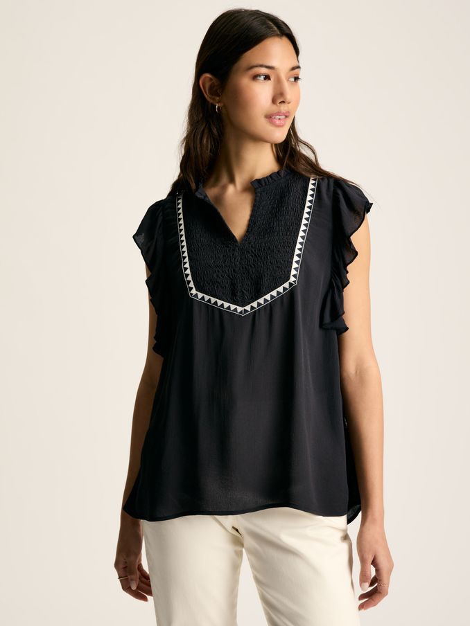 Verity Navy Frill Shoulder Sleeveless Blouse (664602) | £19