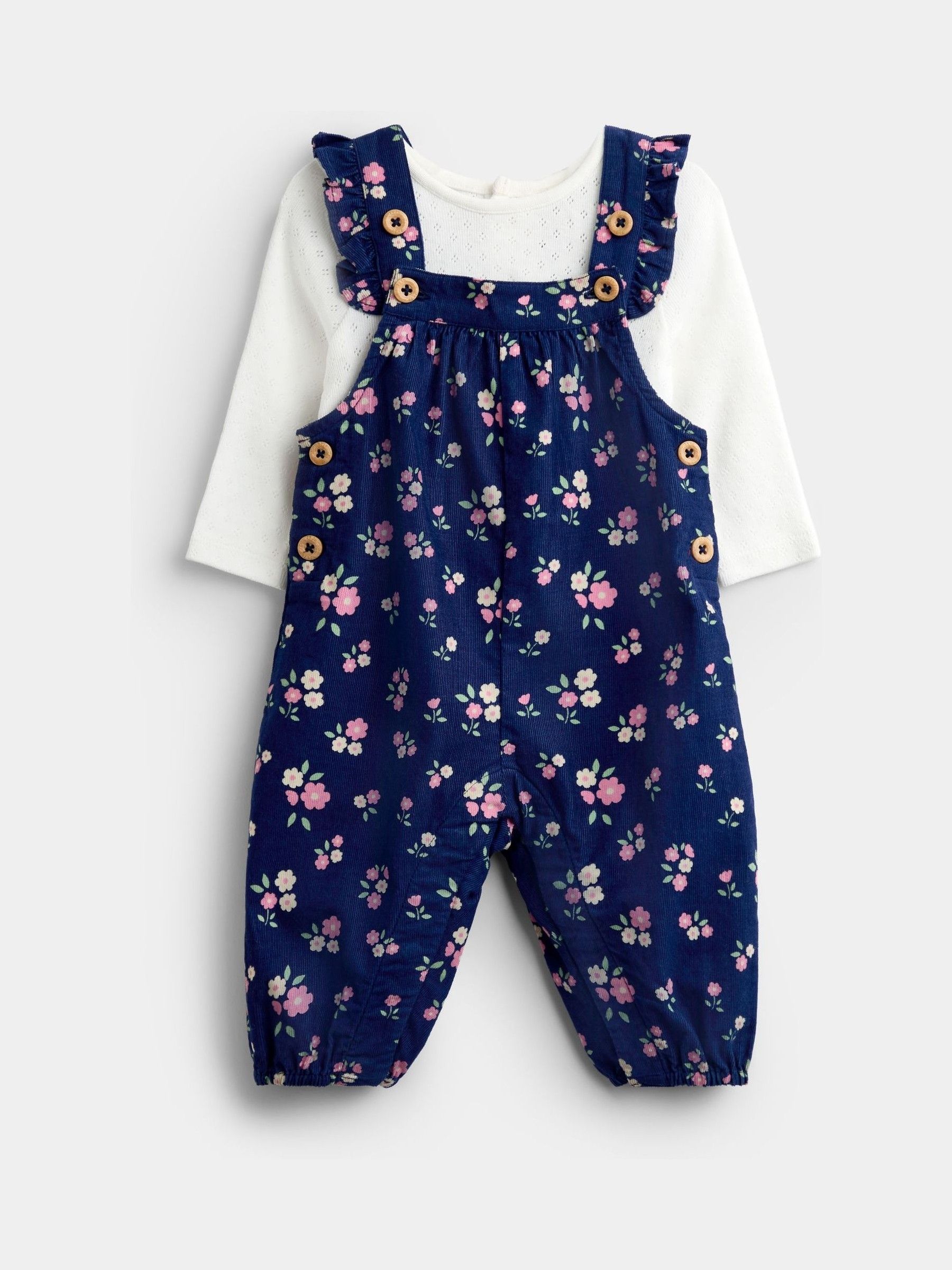 Navy Blue Floral - Cord Dungarees & Body Set