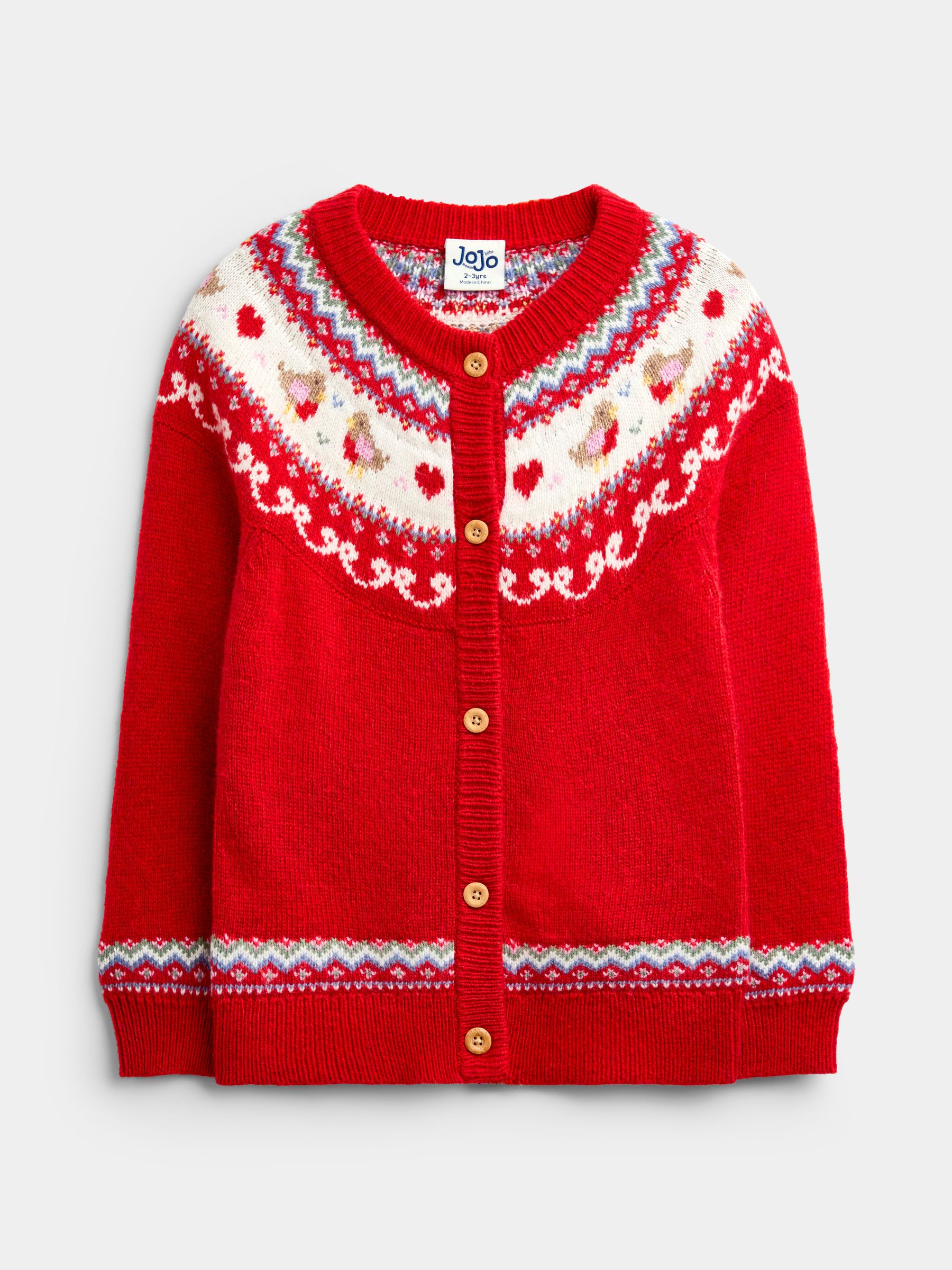 Berry Red Robin & Bow - Fairisle Christmas Cardigan