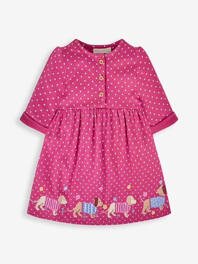 Raspberry Pink Sausage Dog - Appliqué Button Front Dress