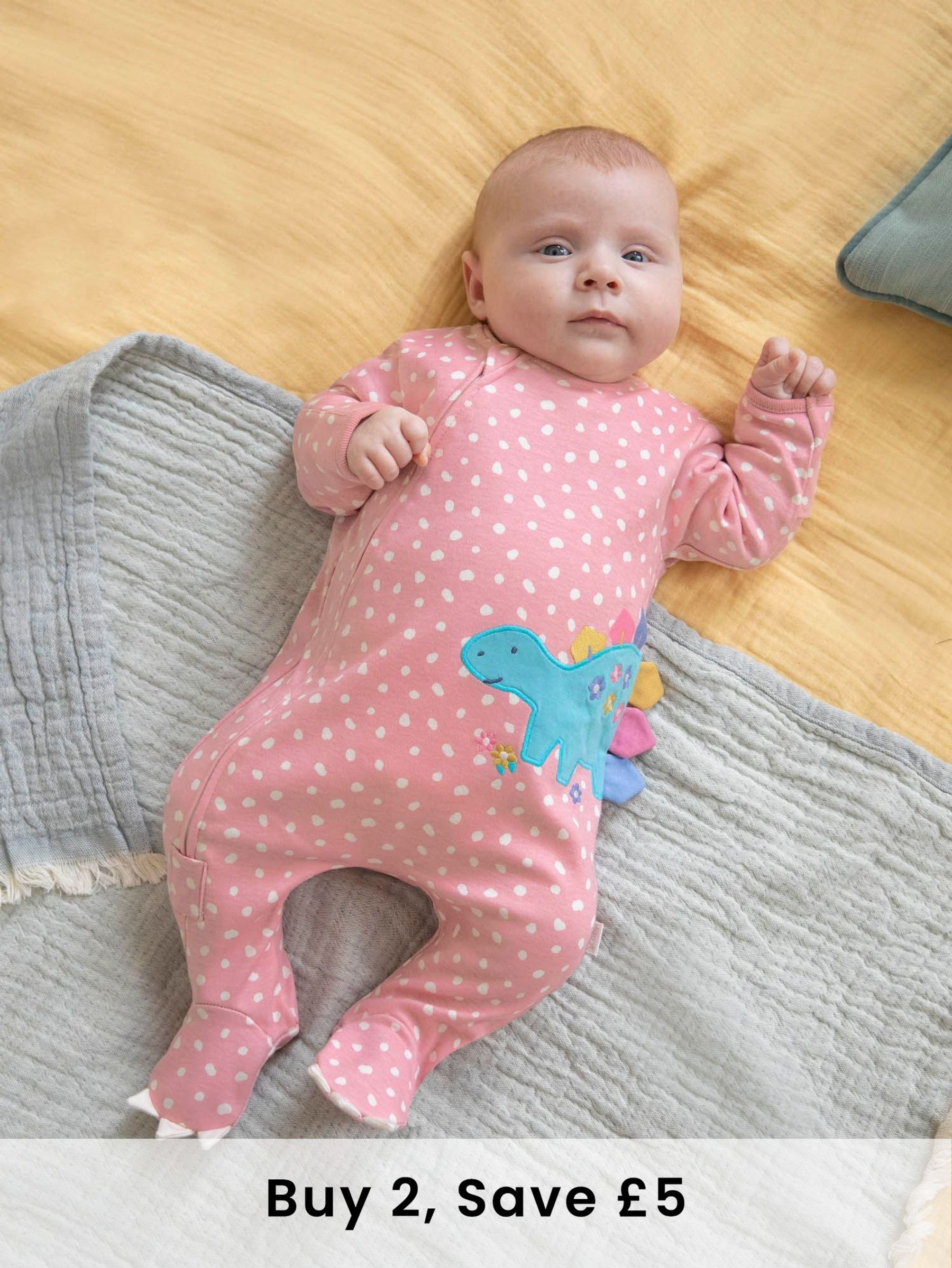 Pink Spotted Dino Appliqué Zip Cotton Baby Sleepsuit (689035) | £21