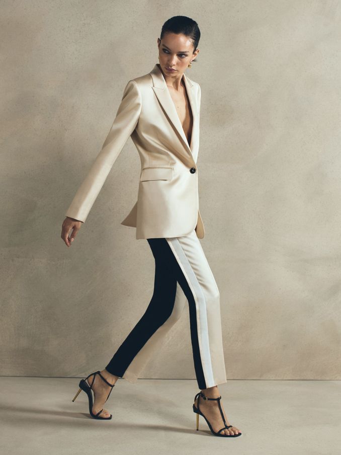 Slim Fit Colourblock Satin Velvet Trousers in Black/Cream (691915) | £80
