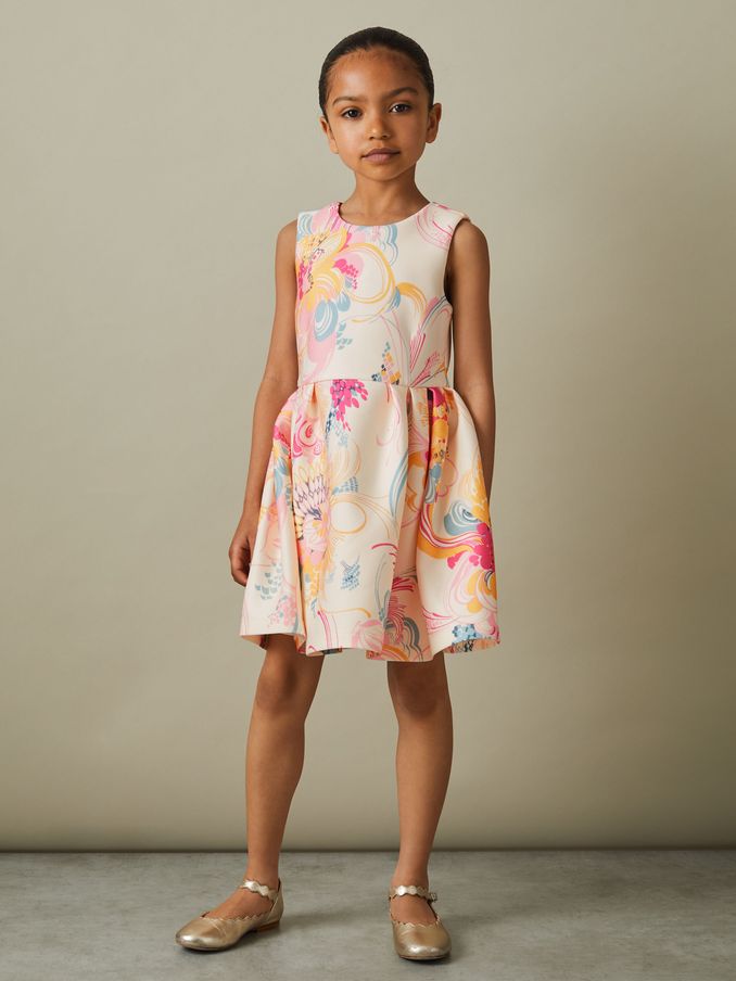 9-13 yrs Pleated Scuba Dress in Pink Print (708440) | £20