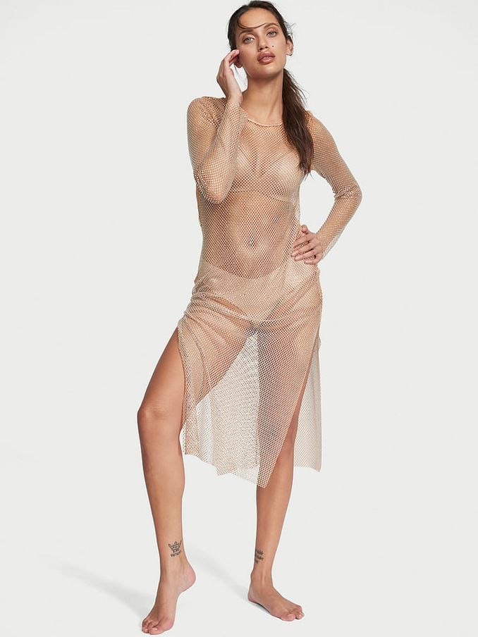 Praline Nude Shine Mesh Long Slip Dress (709197) | £107