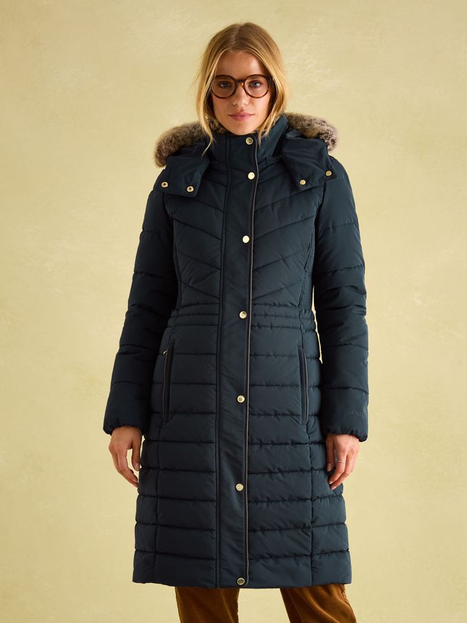 Cherington Navy Showerproof Longline Padded Coat with Faux Fur Hood (709599) | £119