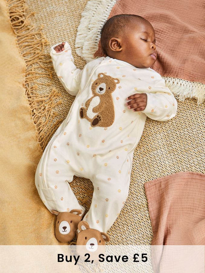 Cream Bear Appliqué Zip Cotton Baby Sleepsuit (725894) | £21