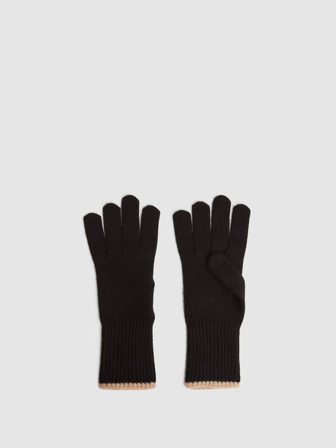 Wool Blend Contrast Trim Gloves in Black/Camel (727114) | £38