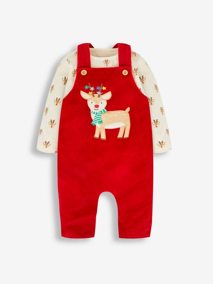 Red Reindeer - 2 Piece Velour Appliqué Dungaree & Top Set