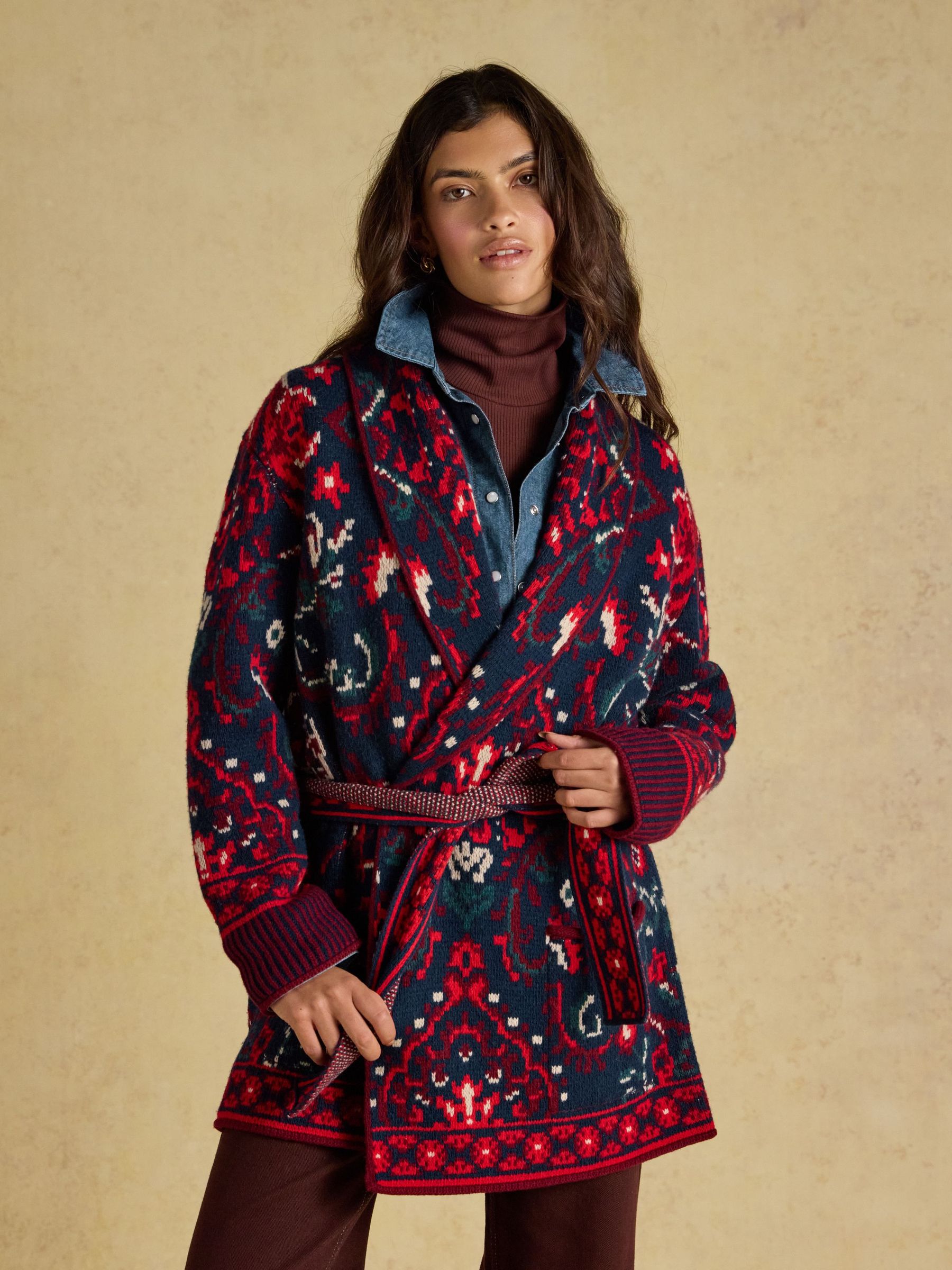 Red - Wrap Floral Merino Wool Cardigan