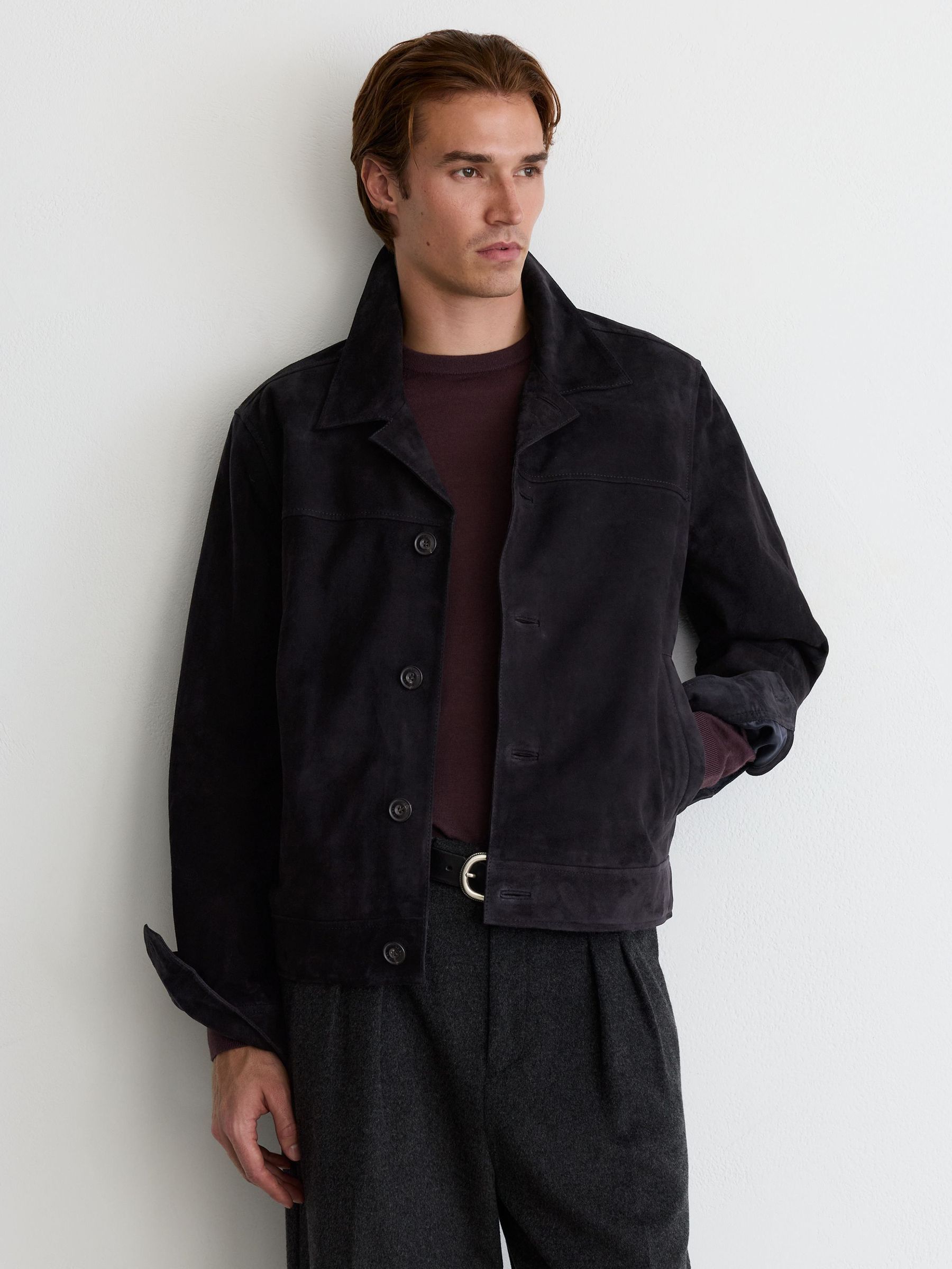 Navy - Regular Suede Revere-collar Jacket
