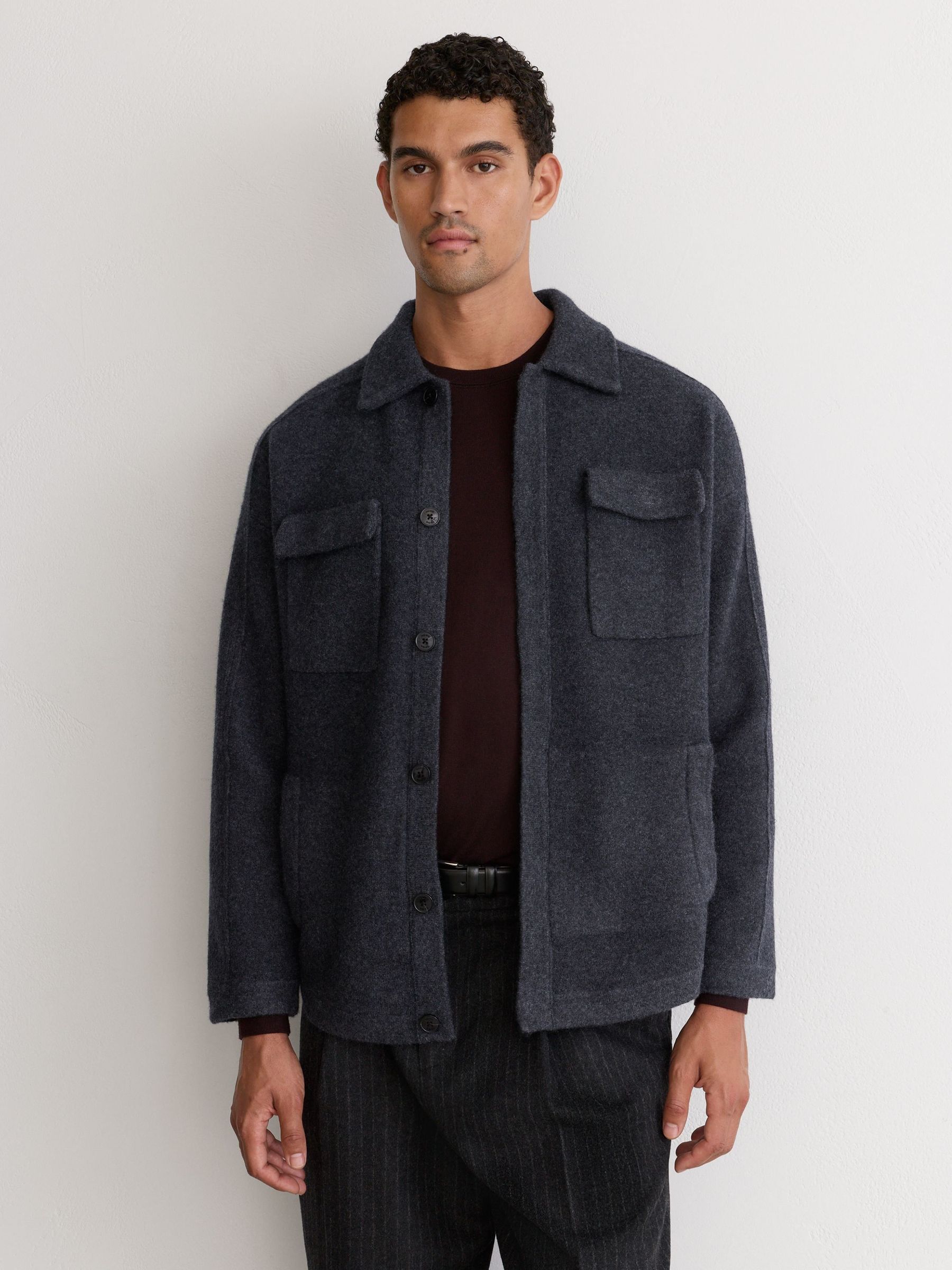Charcoal Grey - Regular Boiled Wool Twin-pocket Overshirt