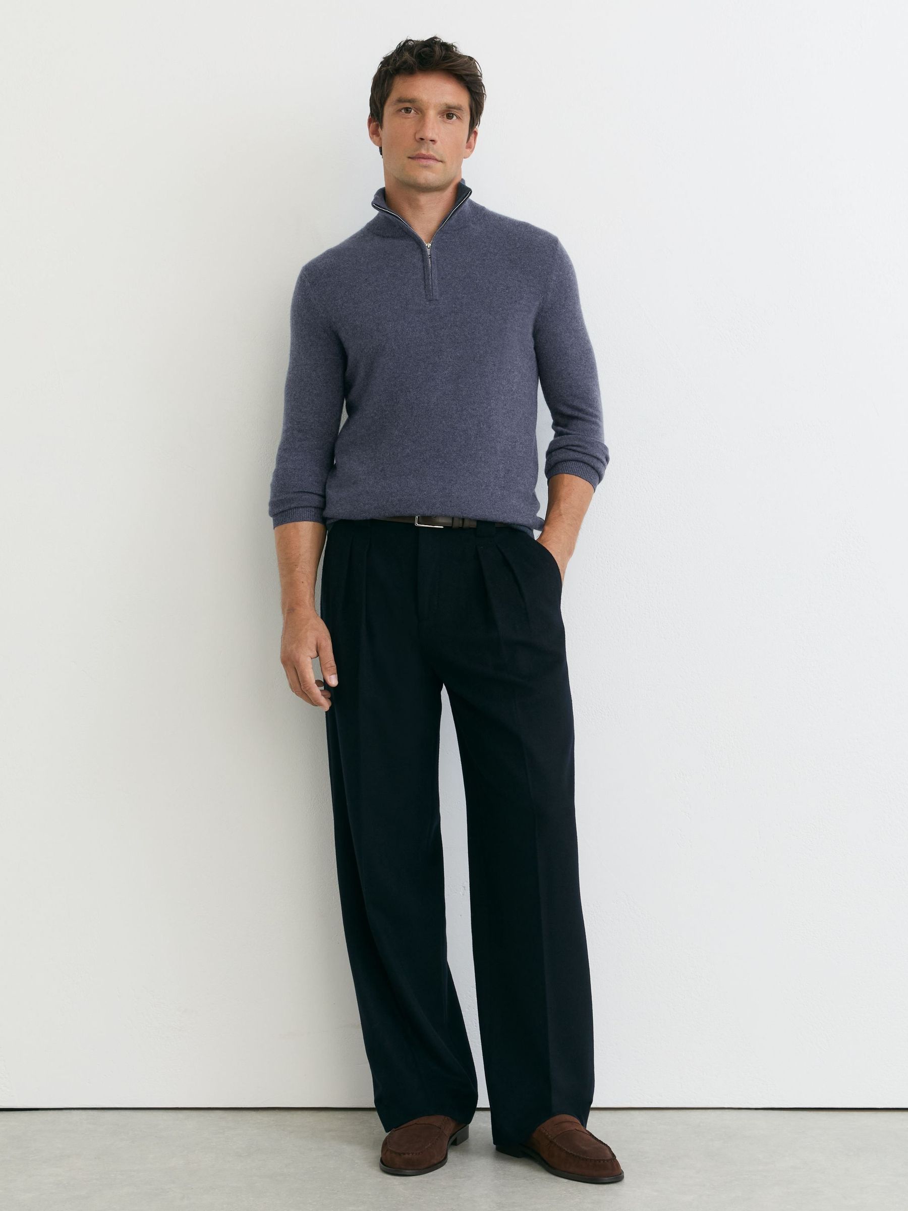 Denim Melange - Regular 100% Cashmere Half-zip Jumper