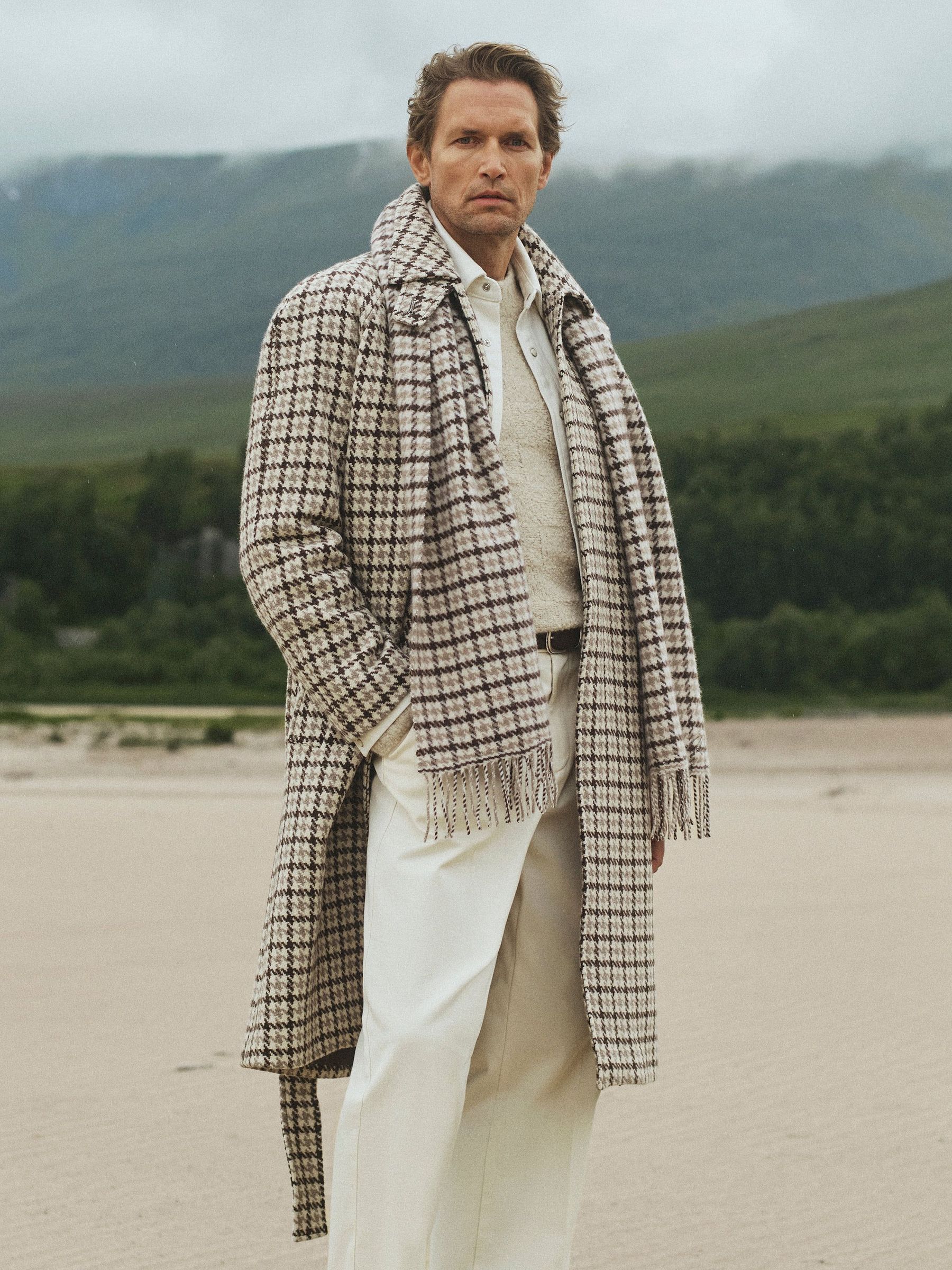 Brown Multi - Regular Wool Houndstooth-check Belted Overcoat