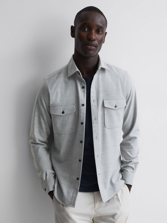 Button Through Twin Pocket Overshirt in Soft Grey Melange (799176) | £47