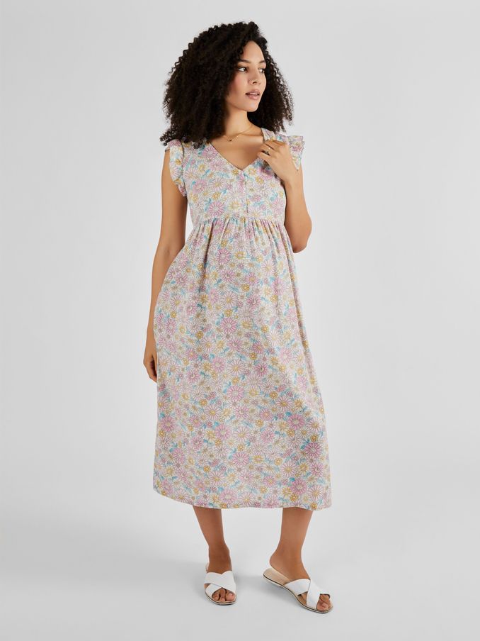 Yellow Pink Sunflowers Print Frill Sleeve Maternity Midi Dress (825514) | £24
