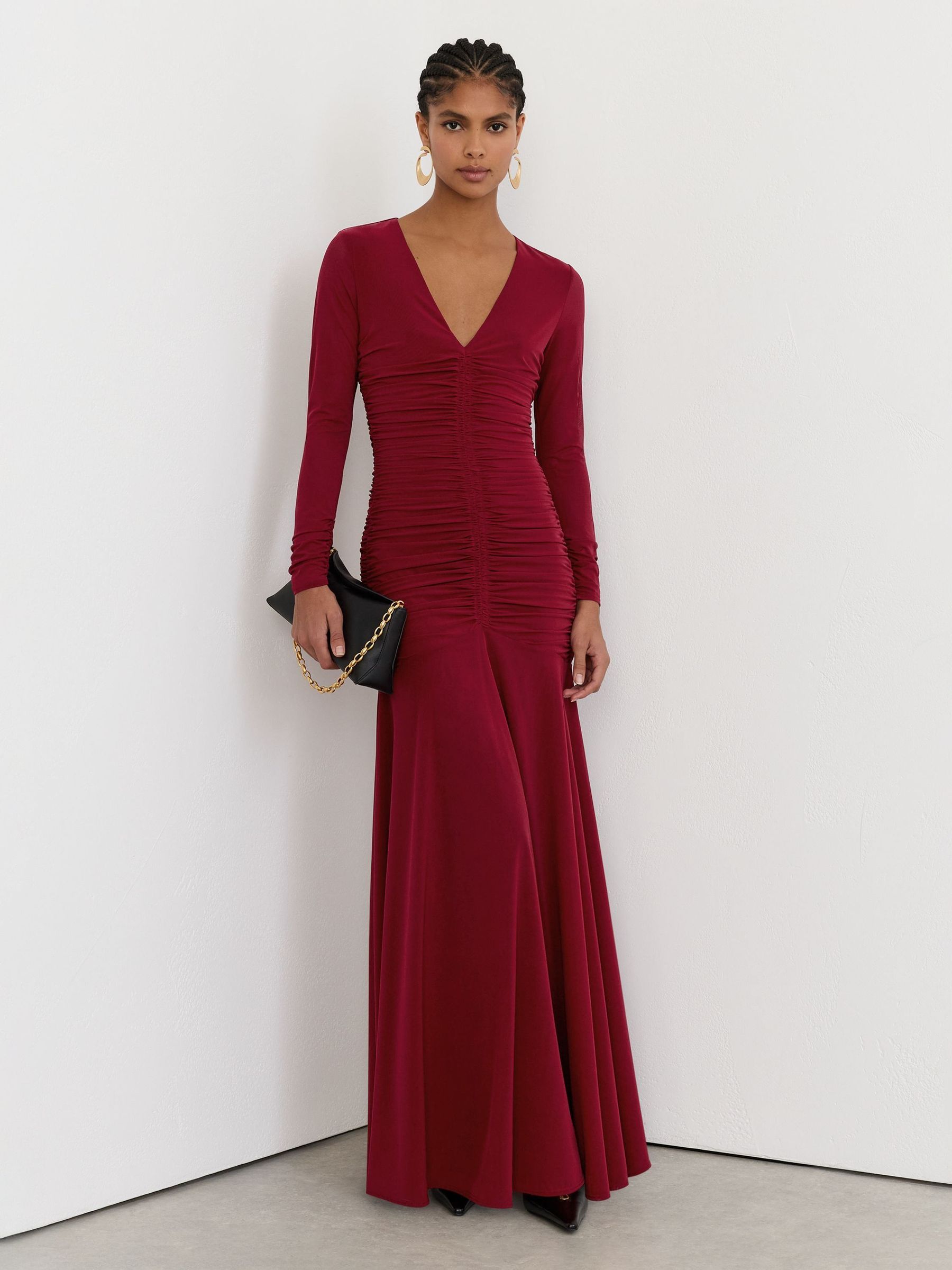 Red - Ruched Mesh Long-sleeve Maxi Dress