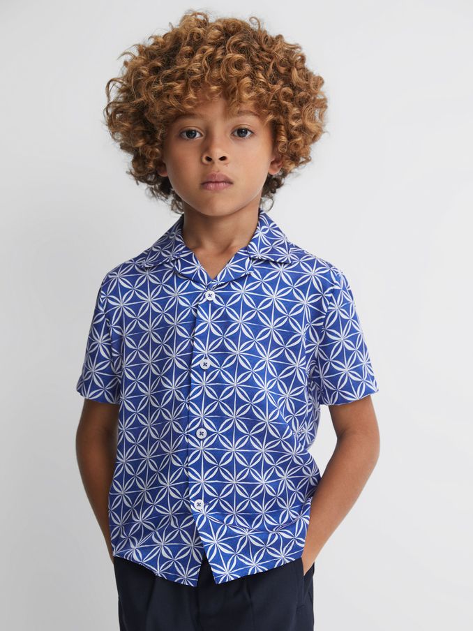 Printed Cuban Collar Shirt in Bright Blue/White (845983) | £17