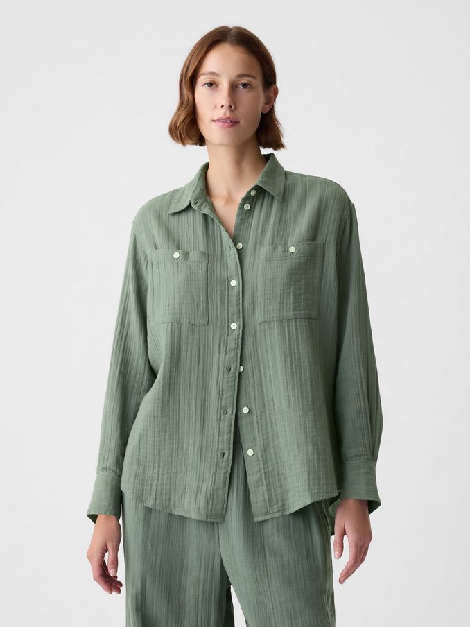 Green Crinkle Cotton Long Sleeve Oversized Shirt (853308) | £14
