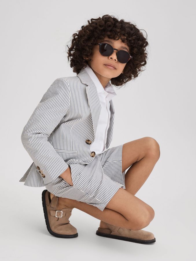 9-13 yrs Single Breasted Seersucker Blazer in Soft Blue (863641) | £54