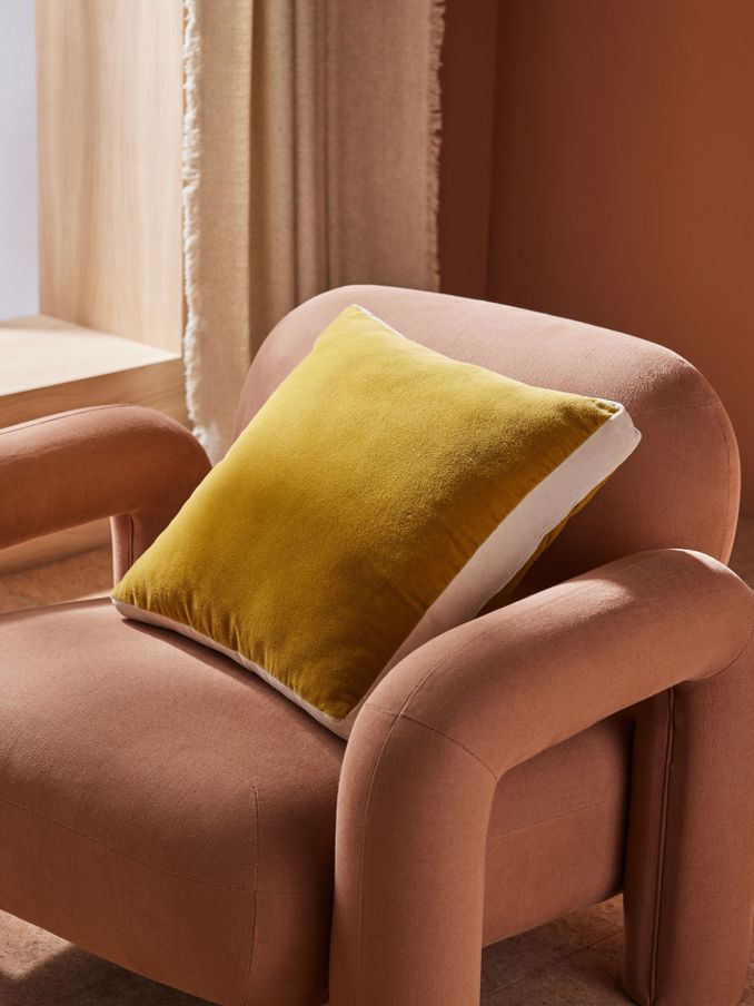 Petra Cotton Velvet Boxy Cushion in Ochre Yellow (863837) | £30