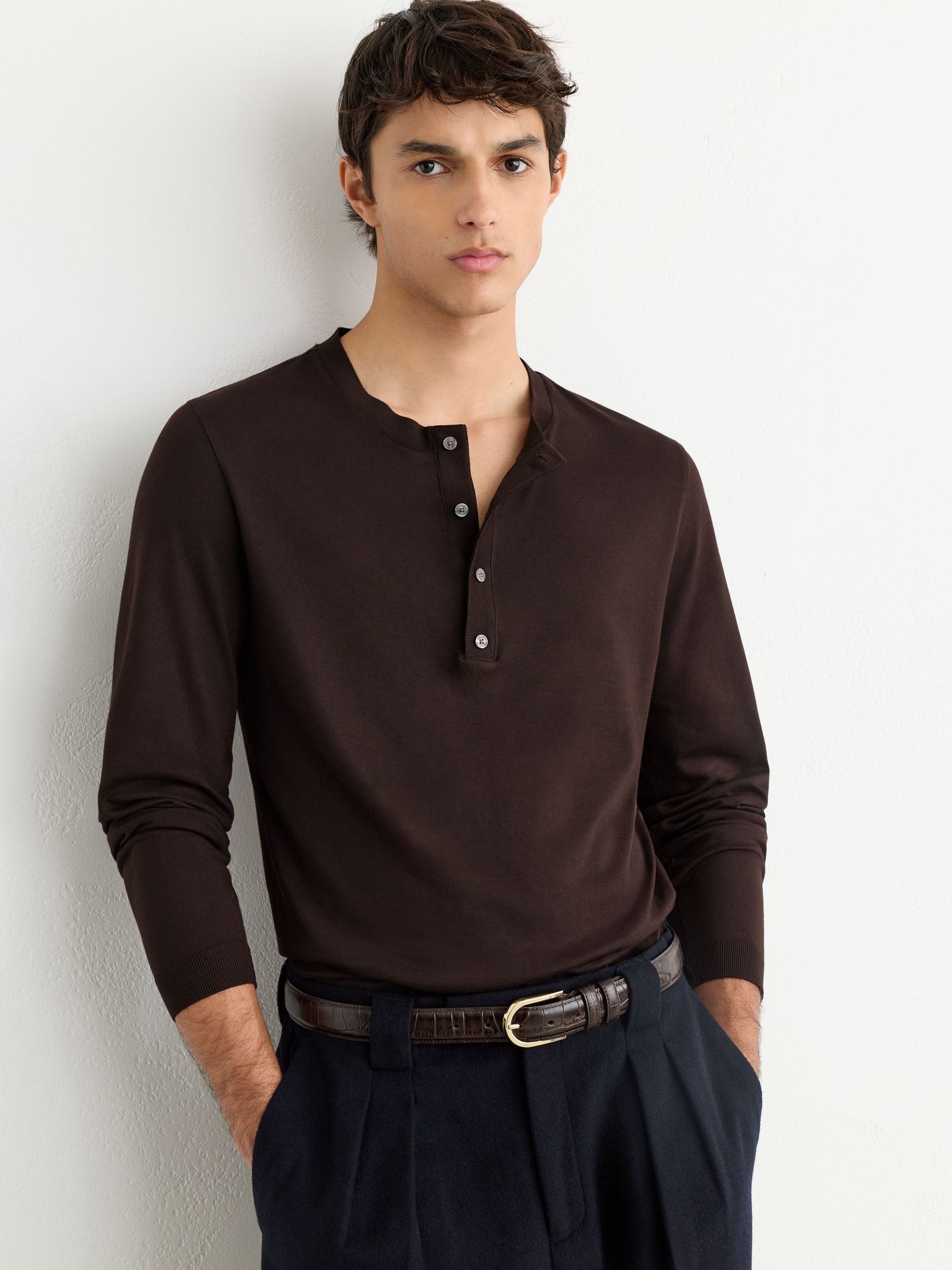 Dark Brown - Regular Cotton-modal Long-sleeve Henley T-shirt