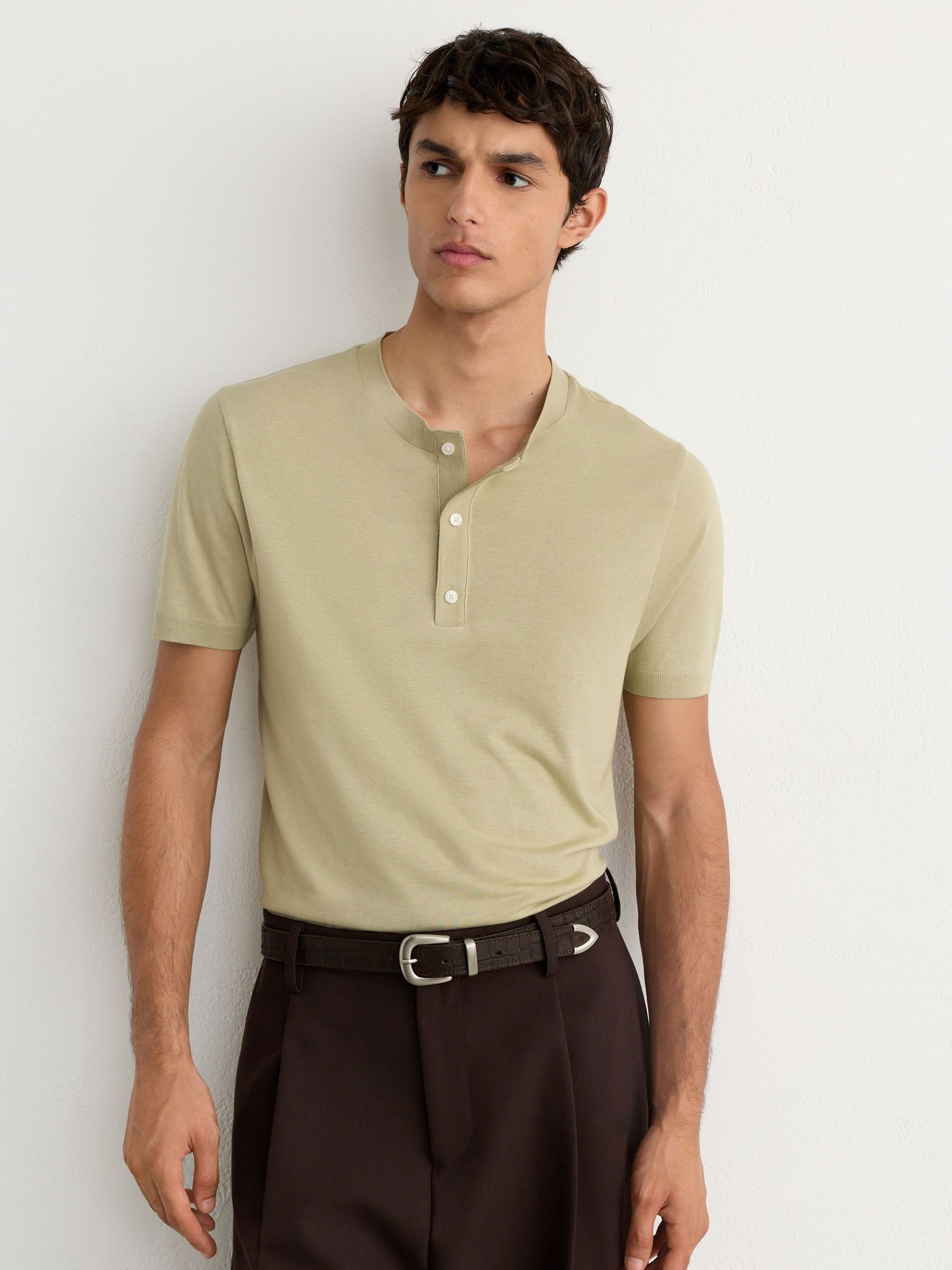 Green - Regular Cotton-modal Tailored-fit Henley T-shirt