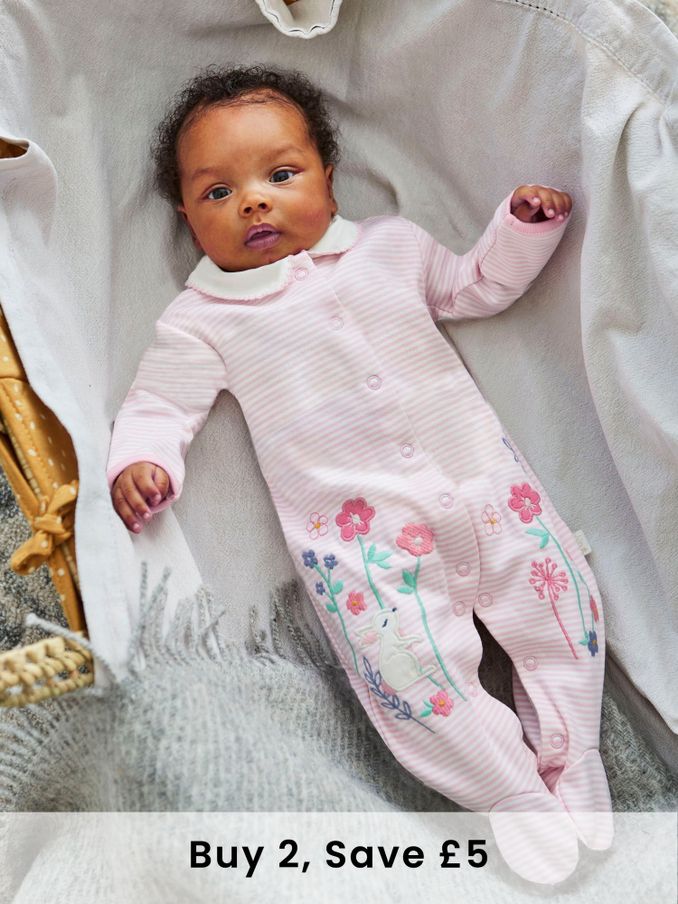 Pink Bunny Appliqué Cotton Baby Sleepsuit (86J487) | £12