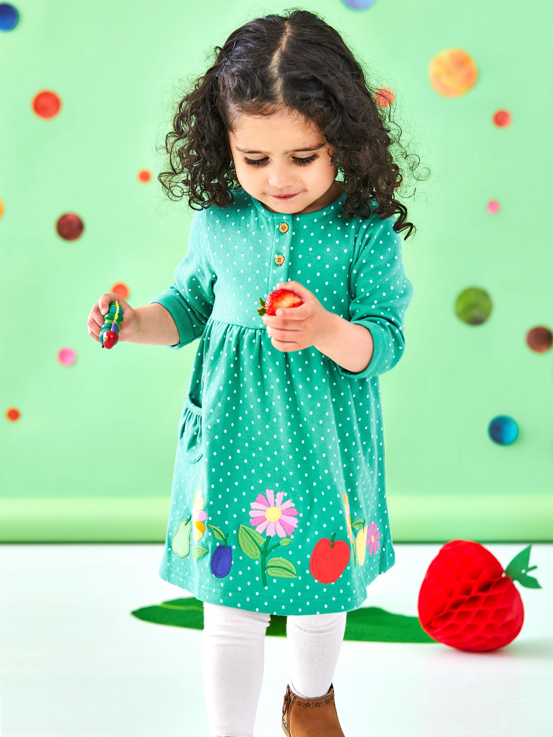Duck Egg - Girls' The Very Hungry Caterpillar Appliqué With Pet In Pocket Button Front Dress