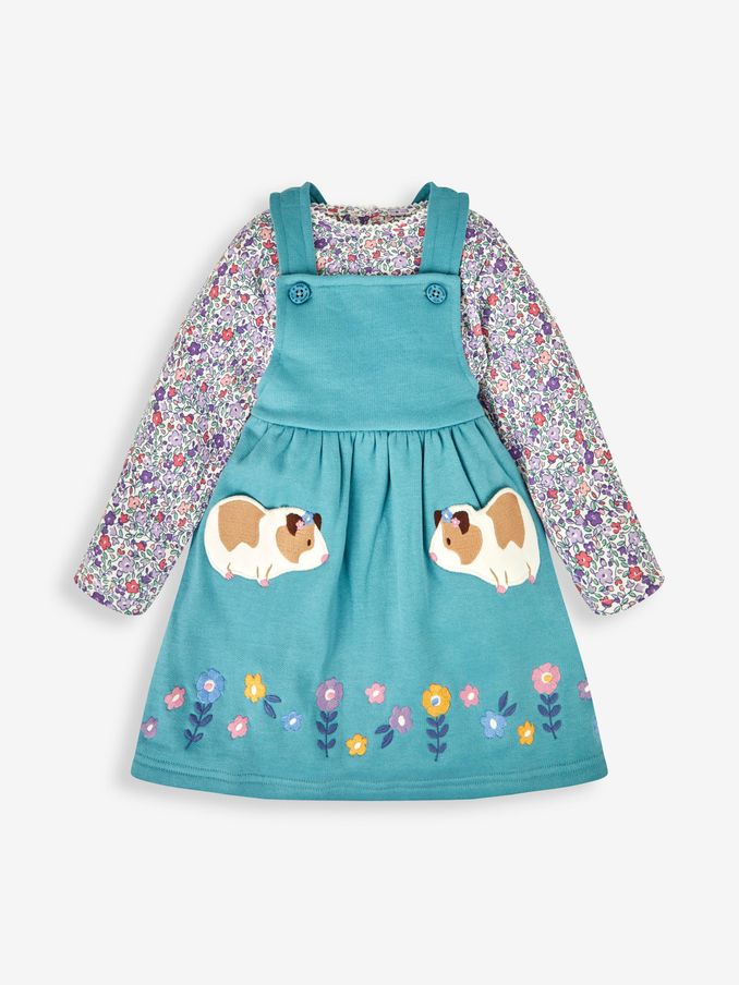 Duck Egg Green Guinea Pig - Girls' 2-piece Appliqué Pinafore Dress & Top Set