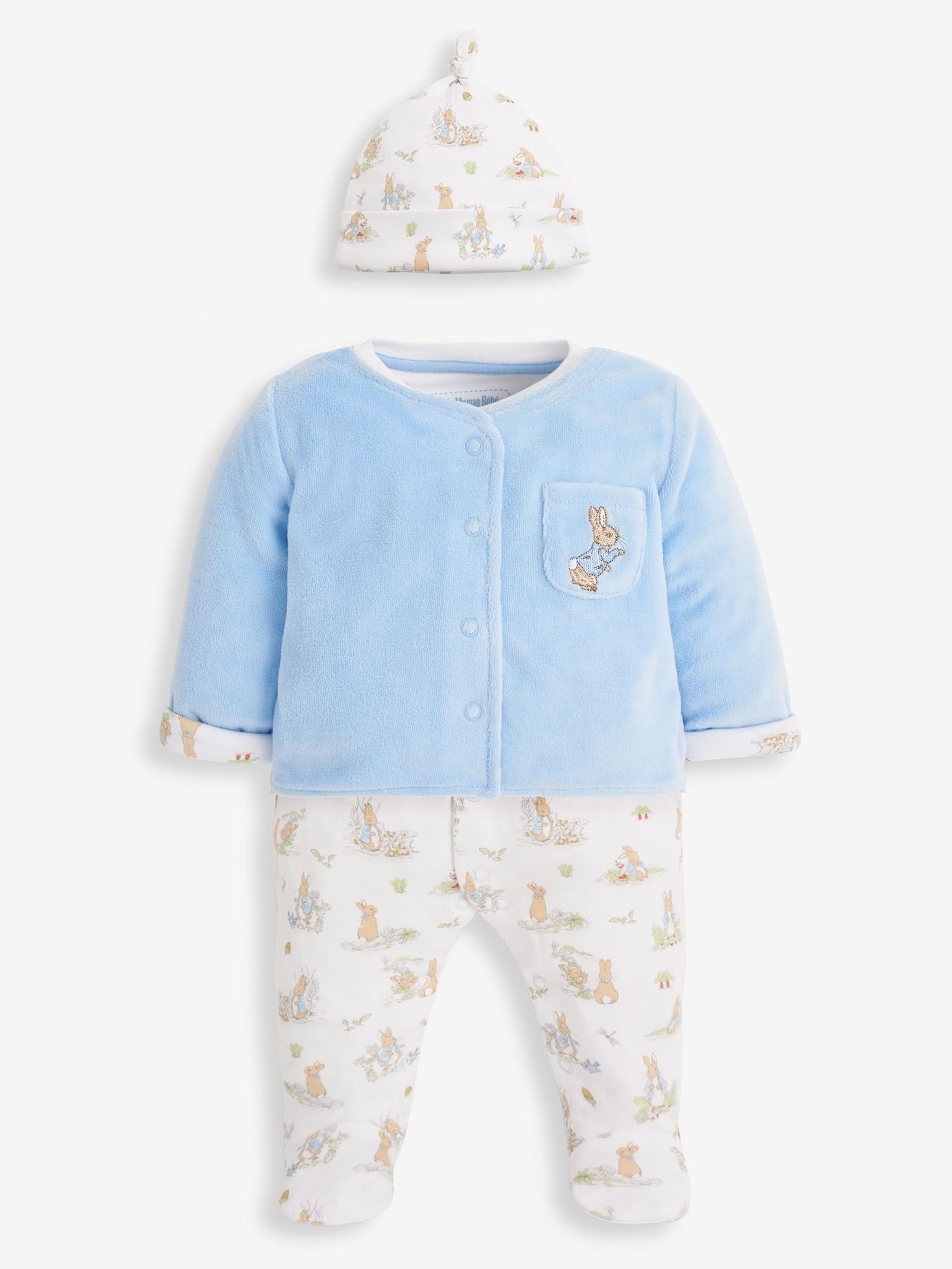 3-Piece Peter Rabbit Sleepsuit, Jacket & Hat Set in Blue (8976Q5) | £17