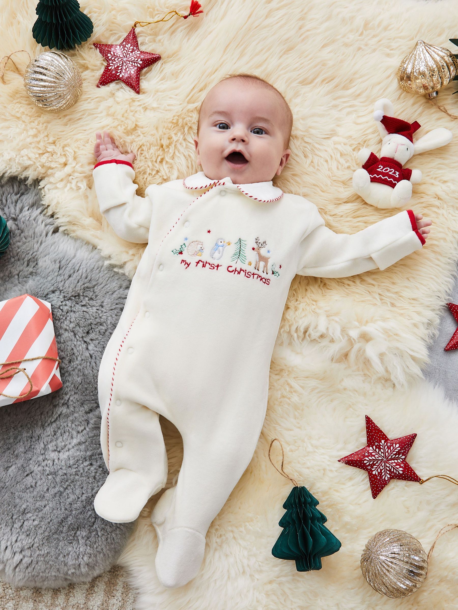 Ecru Cream Navy Blue Stripe My First Christmas Appliqué Baby All-In-One (899219) | £9