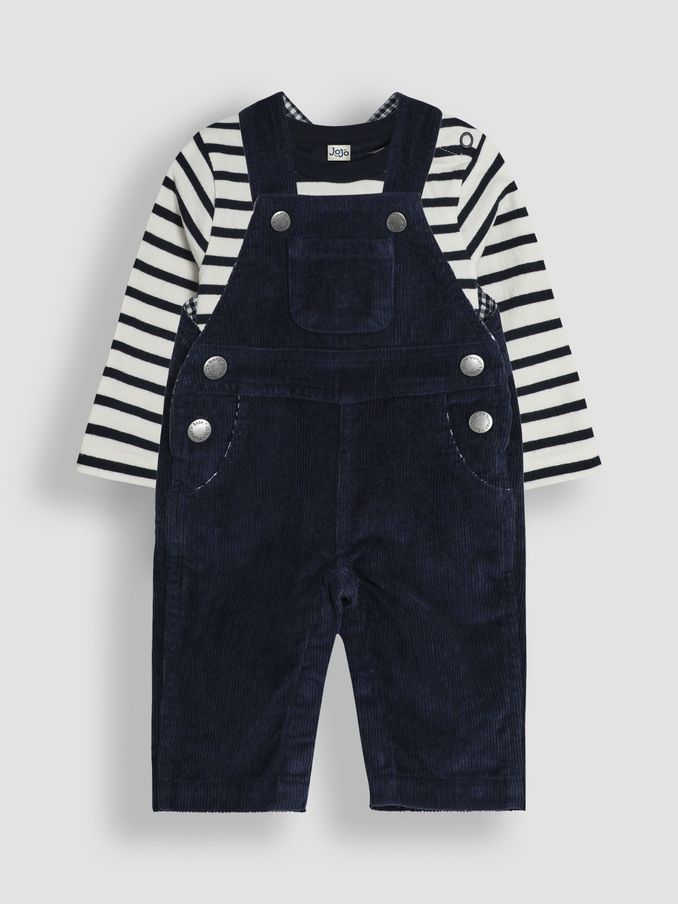 Navy Blue 2-Piece Classic Cord Dungarees & Stripe Top Set (89H999) | £19