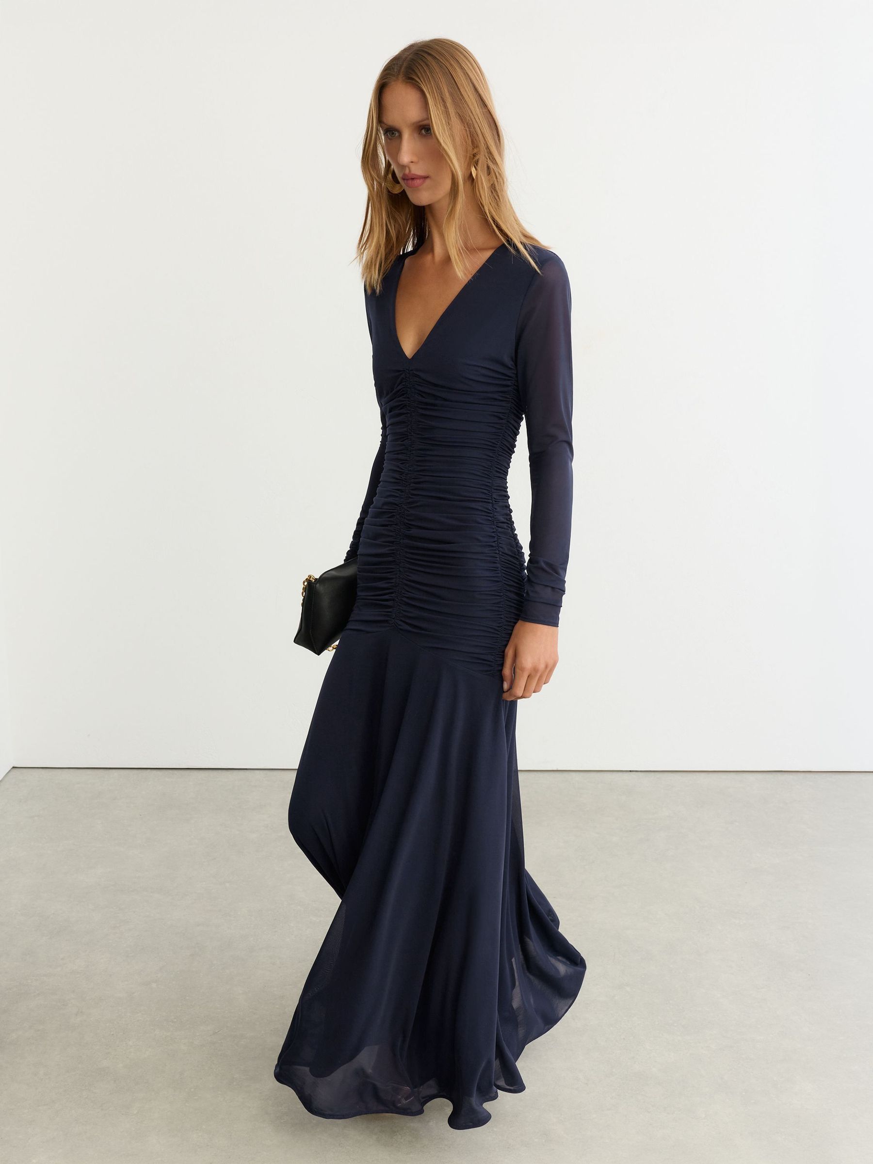 Navy - Ruched Mesh Long-sleeve Maxi Dress