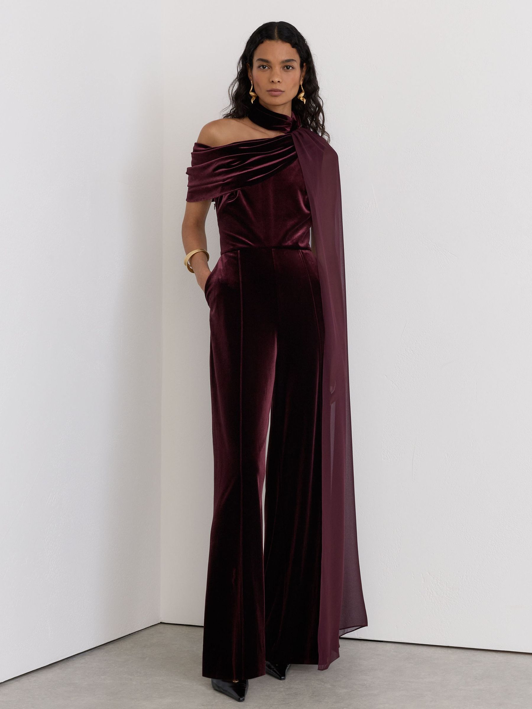 Burgundy Red - One-shoulder Drape Wide-leg Jumpsuit