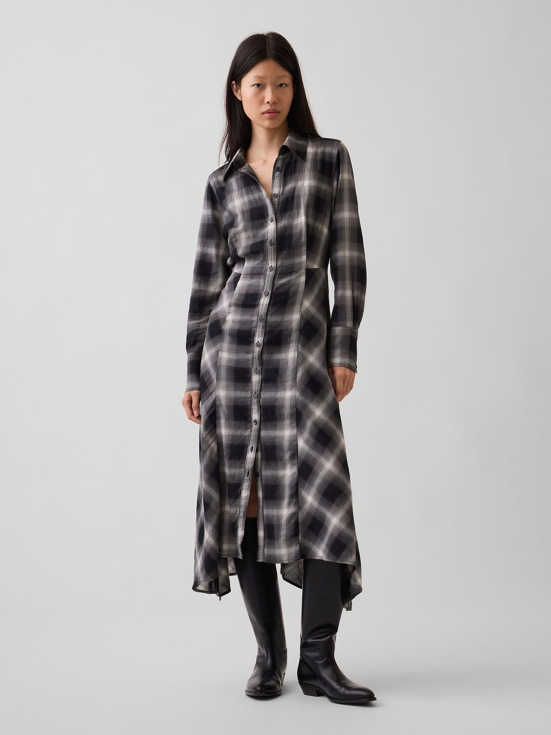 Black - Plaid Maxi Shirt Dress