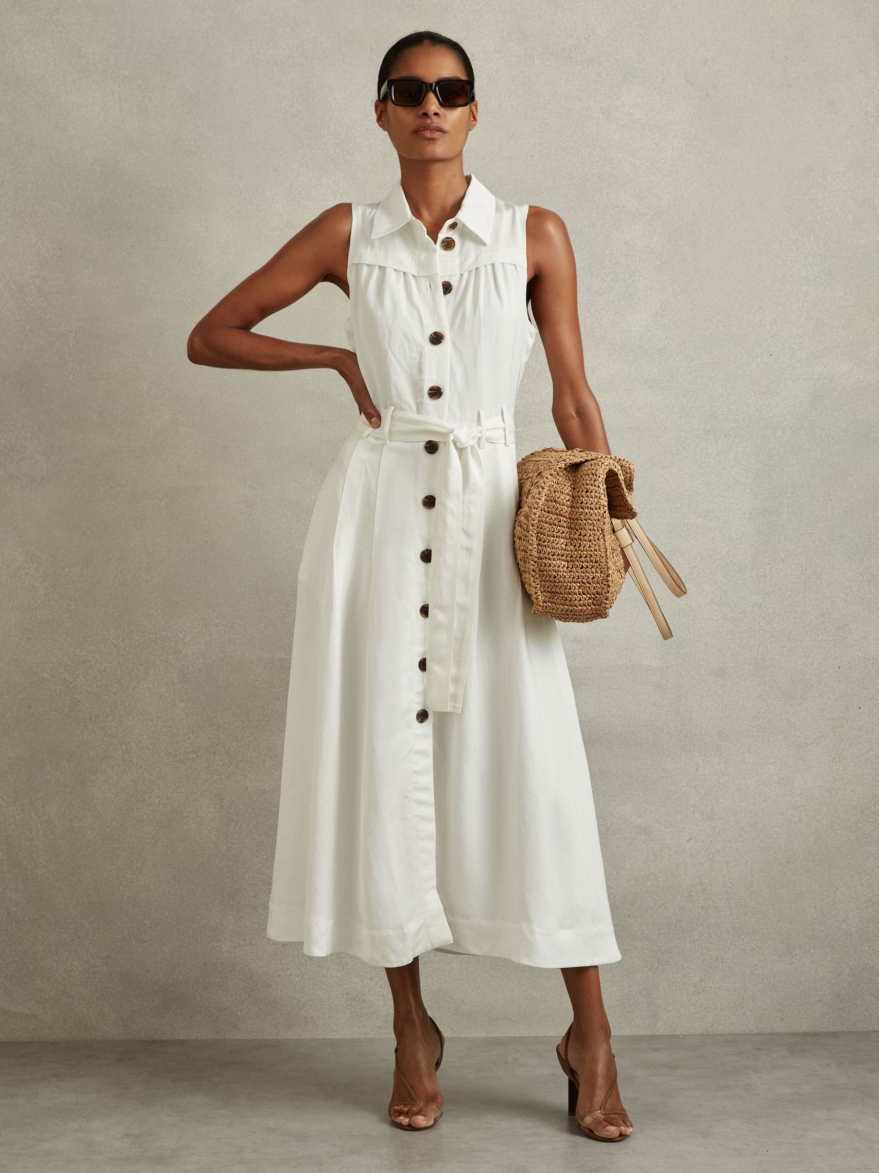 Viscose-Linen Belted Midi Dress in White (914498) | £80
