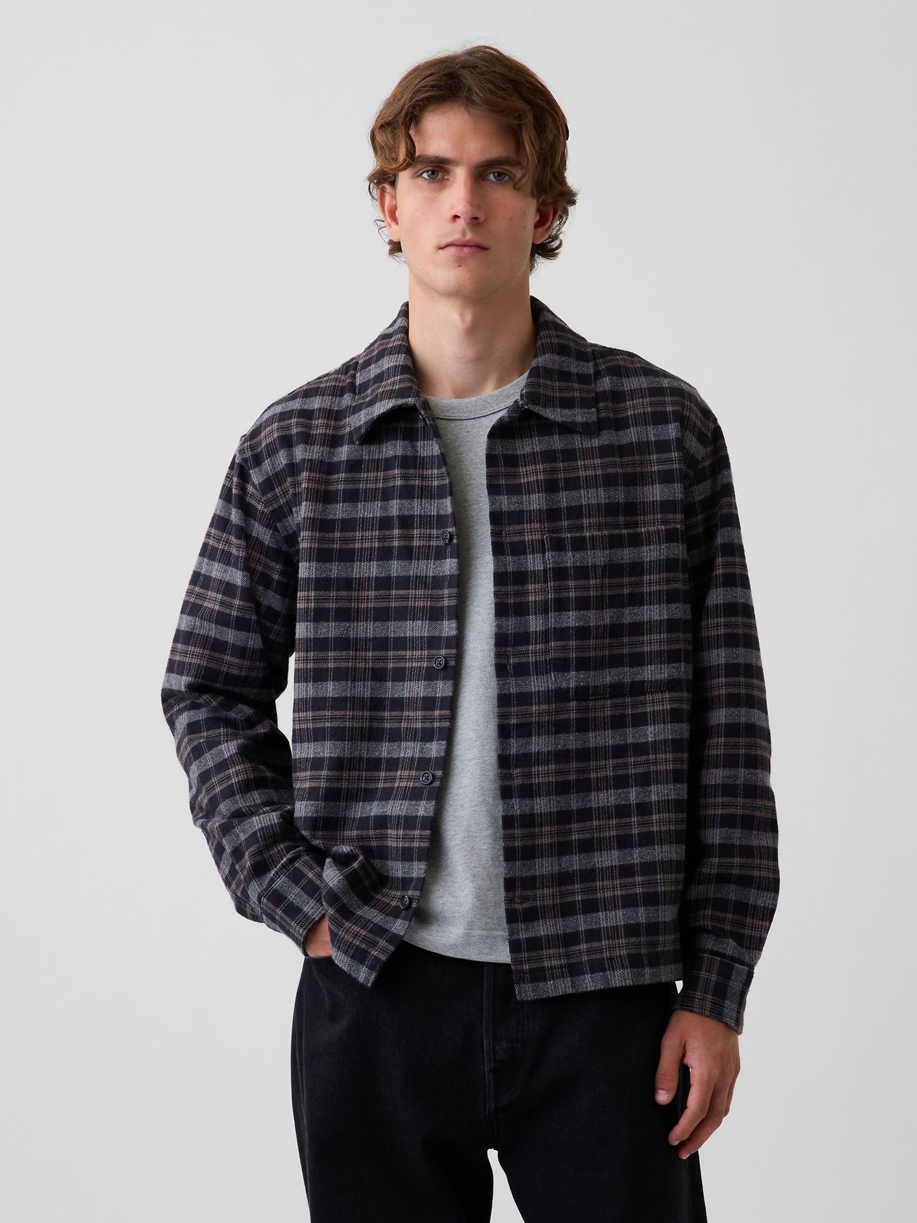 Black/Grey Check - Regular Relaxed Straight-hem Flannel Shirt
