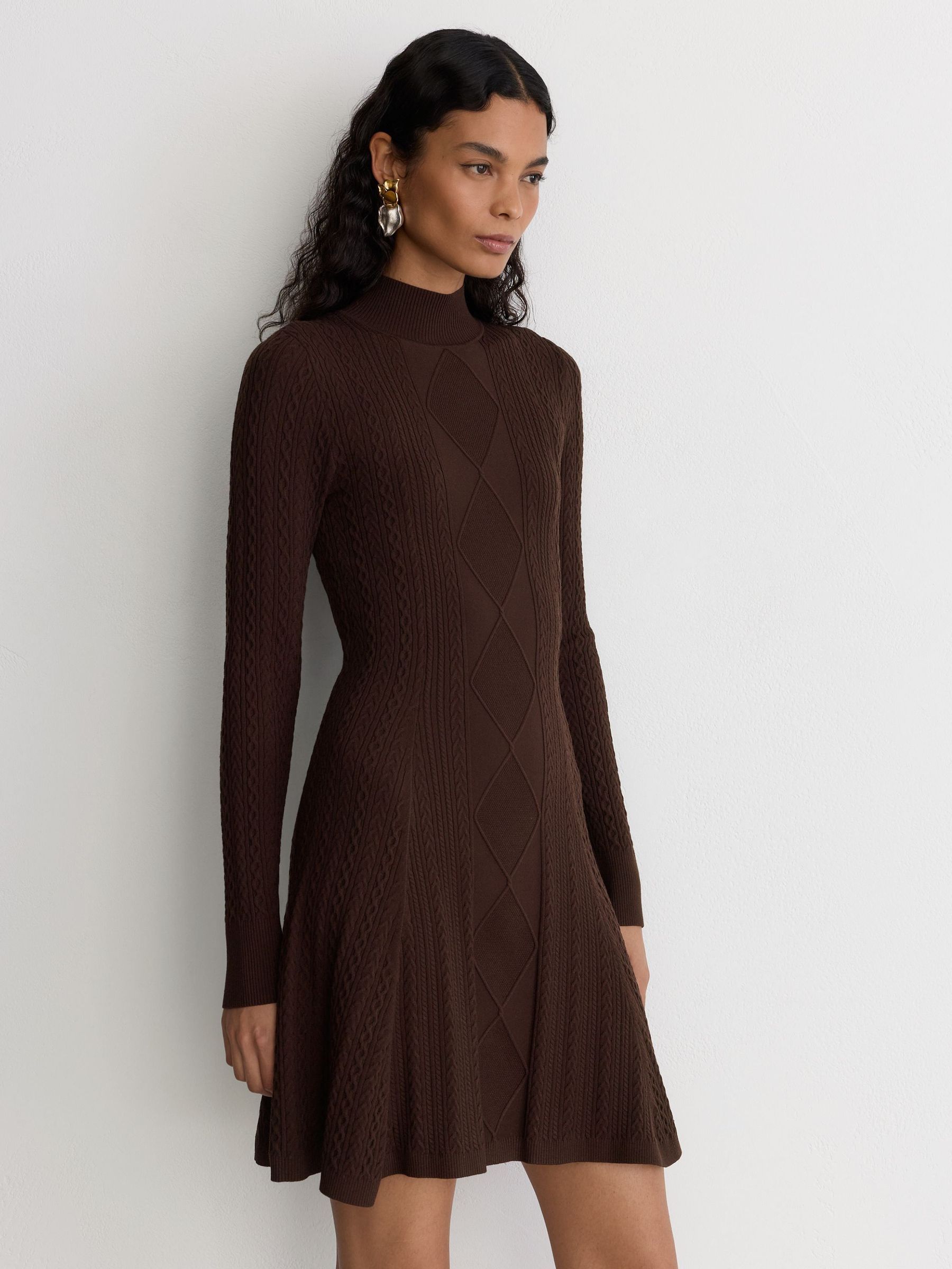Chocolate Brown - Cable-knit Flippy Mini Dress