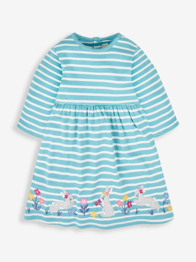Duck Egg Green Bunny - Girls' Stripe Appliqué Dress