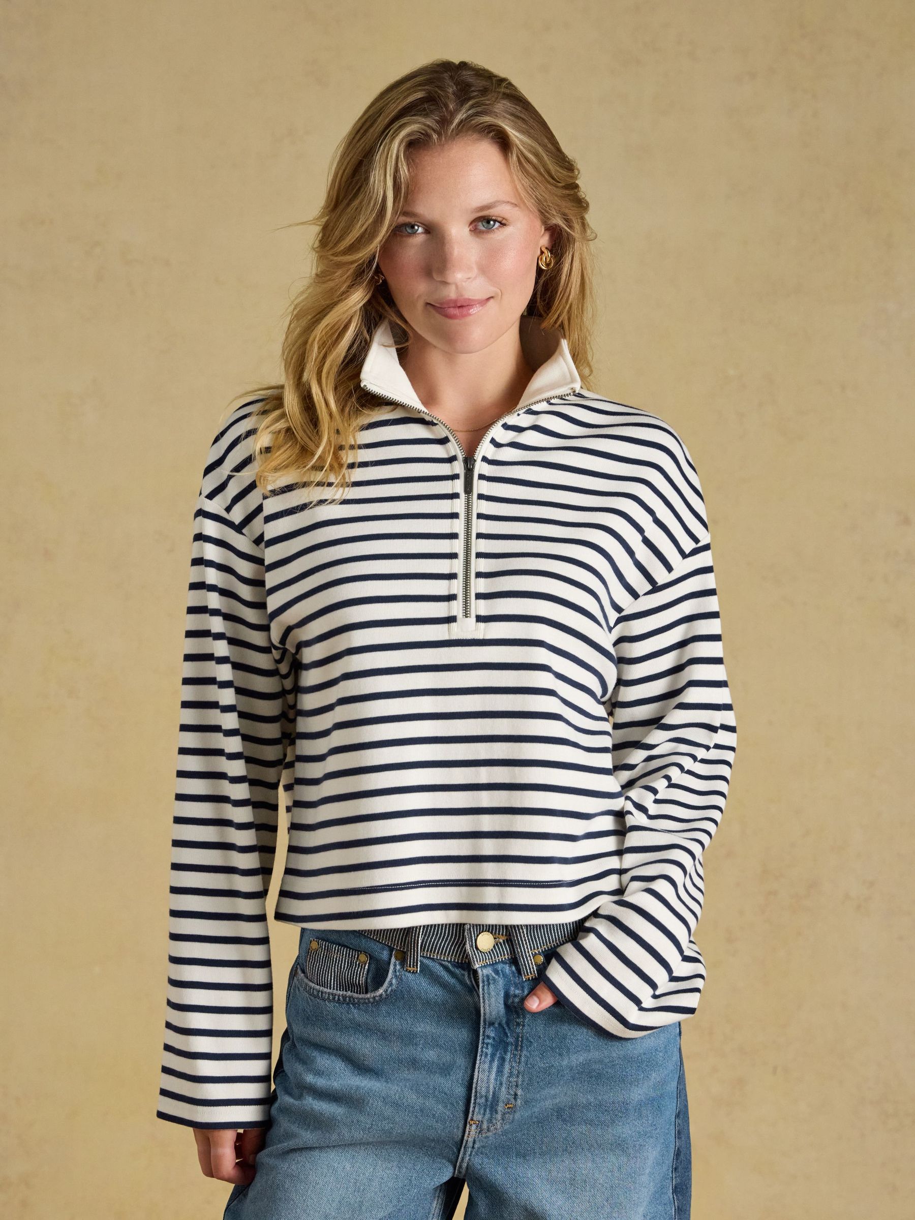 Cream/Navy - 100% Cotton Ribbed Jersey Collared Half Zip Sweatshirt