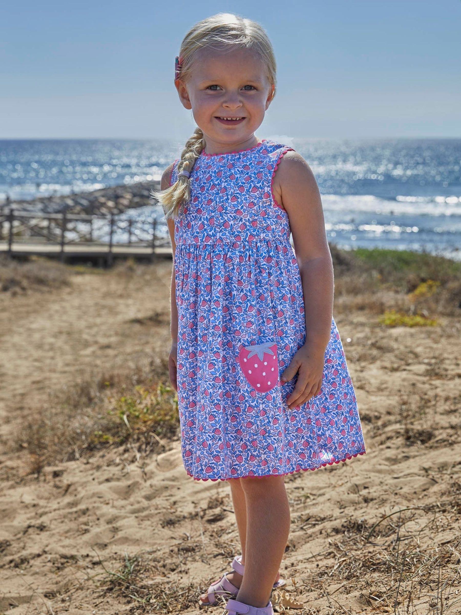 Blue - Strawberry Bloom Print & Strawberry Pockets Summer Dress
