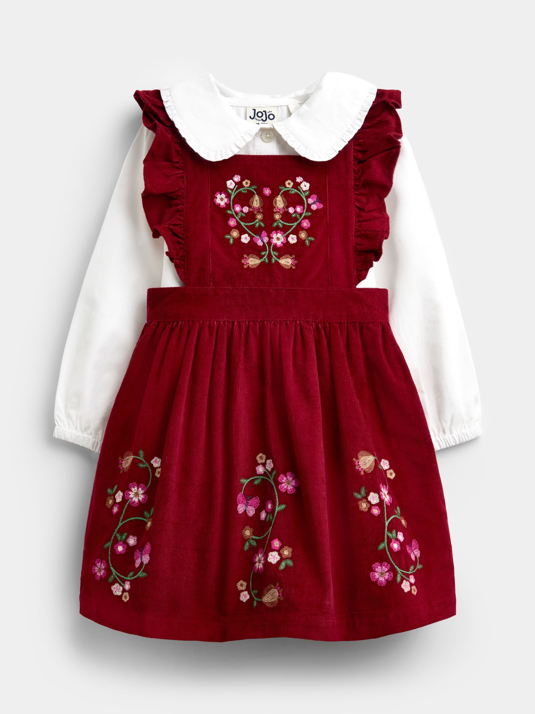 Burgundy Red Floral - Embroidered Pinny Dress & Collar Blouse
