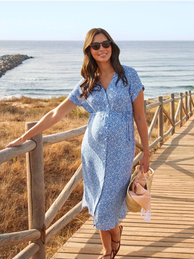 Blue Animal Print Button Through V-Neck Maternity Midi Dress (968762) | £49