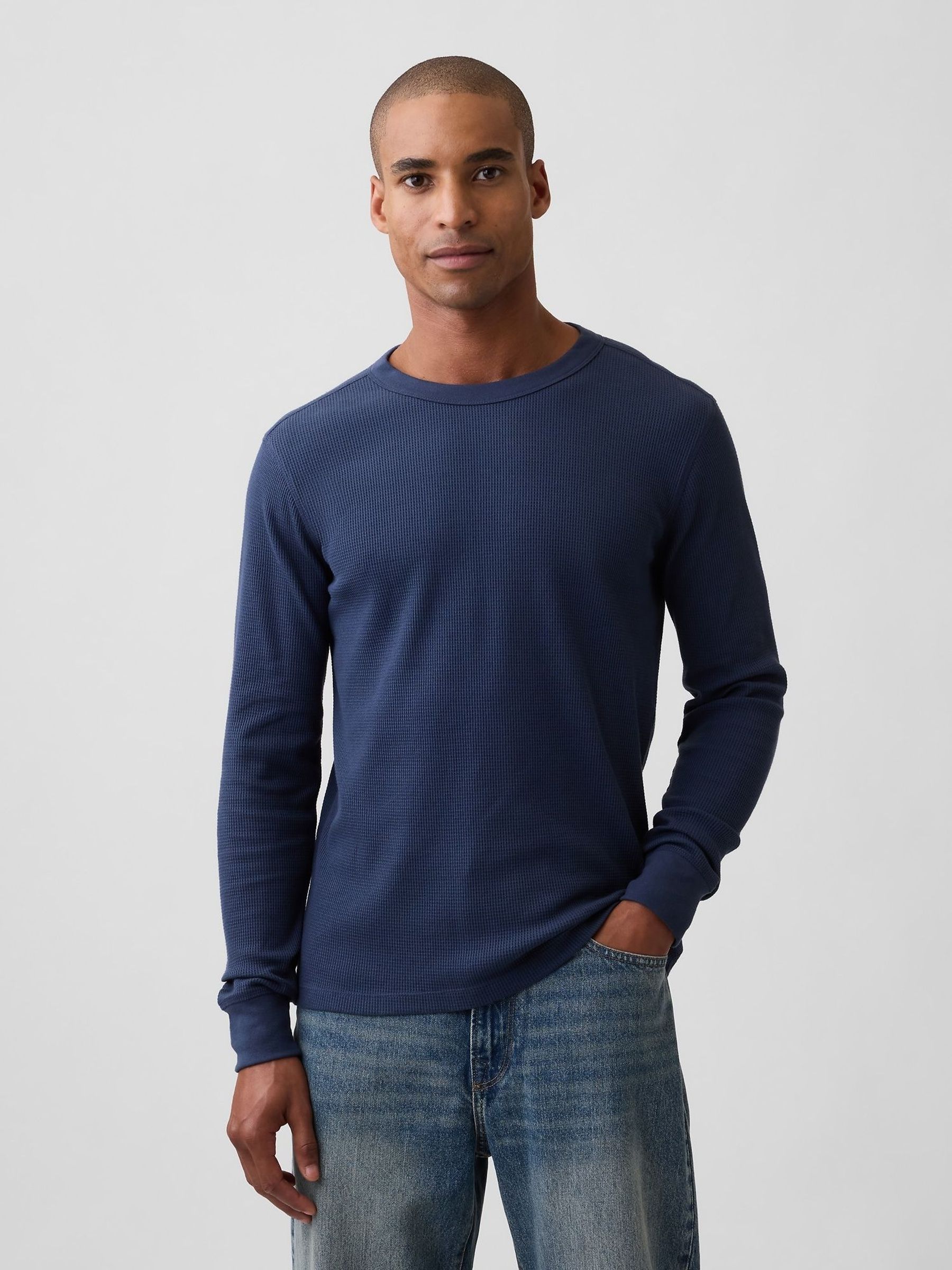 Navy - Regular Waffle Knit Long Sleeve T-shirt
