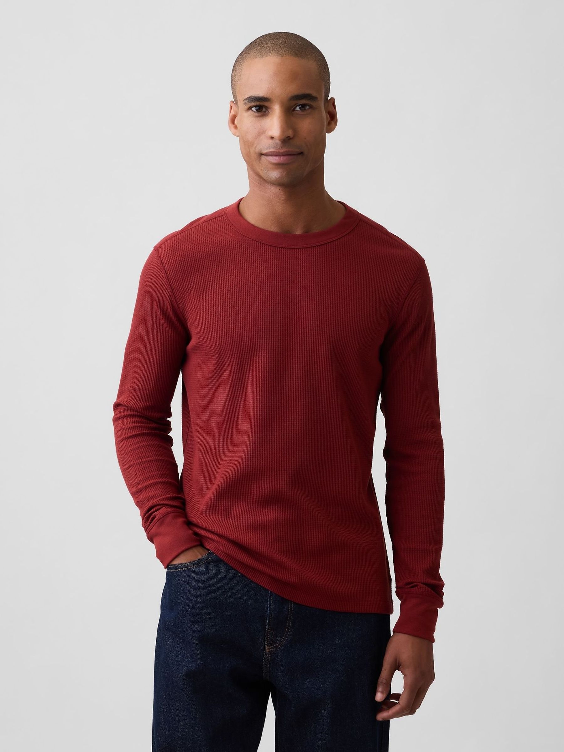 Dark Red - Regular Waffle Knit Long Sleeve T-shirt