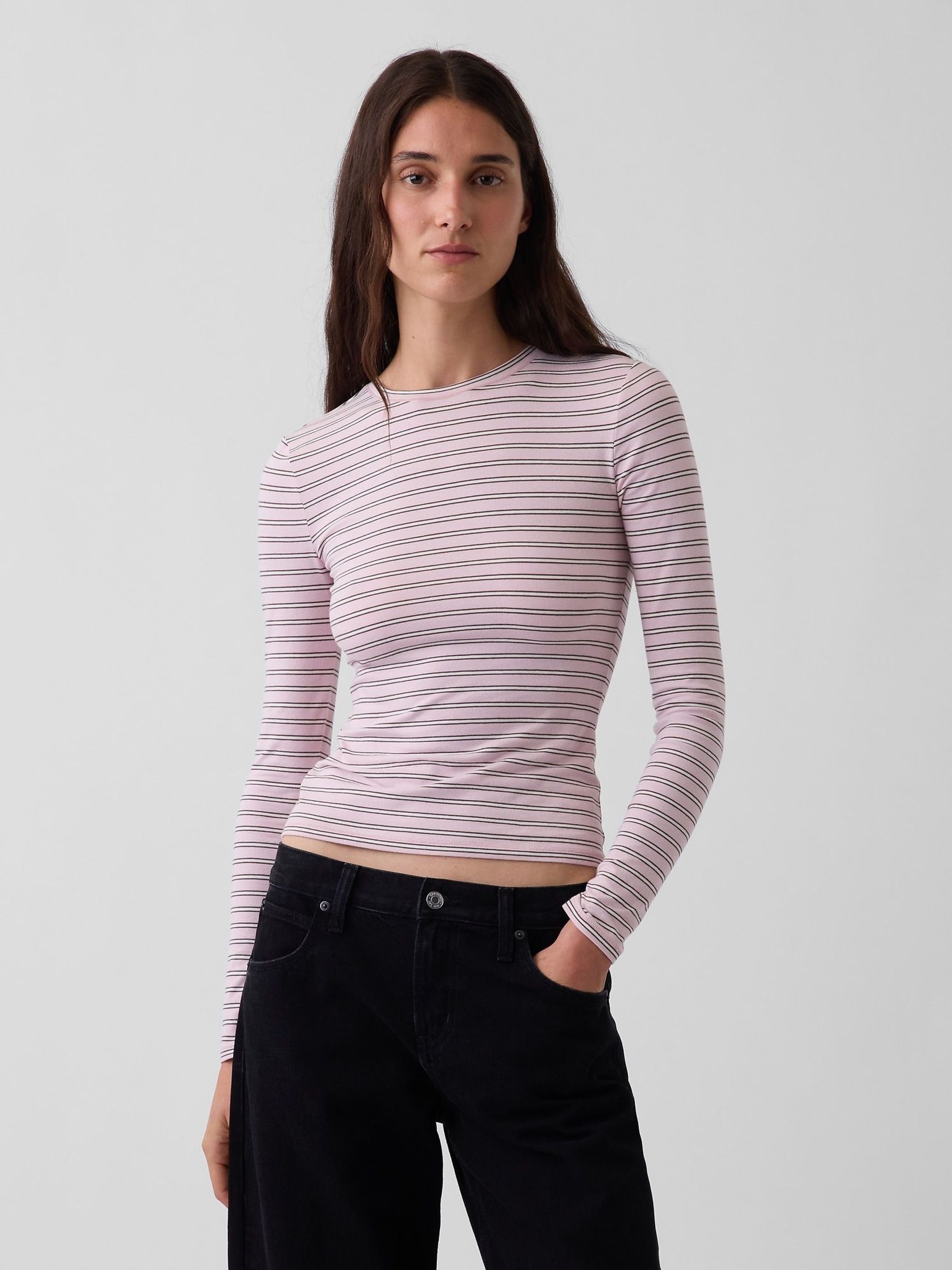 Pink Stripe - Close Knit Jersey Long Sleeve T-shirt