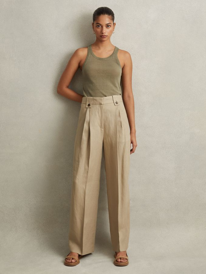 Linen Front Pleat Trousers in Light Khaki (980291) | £68
