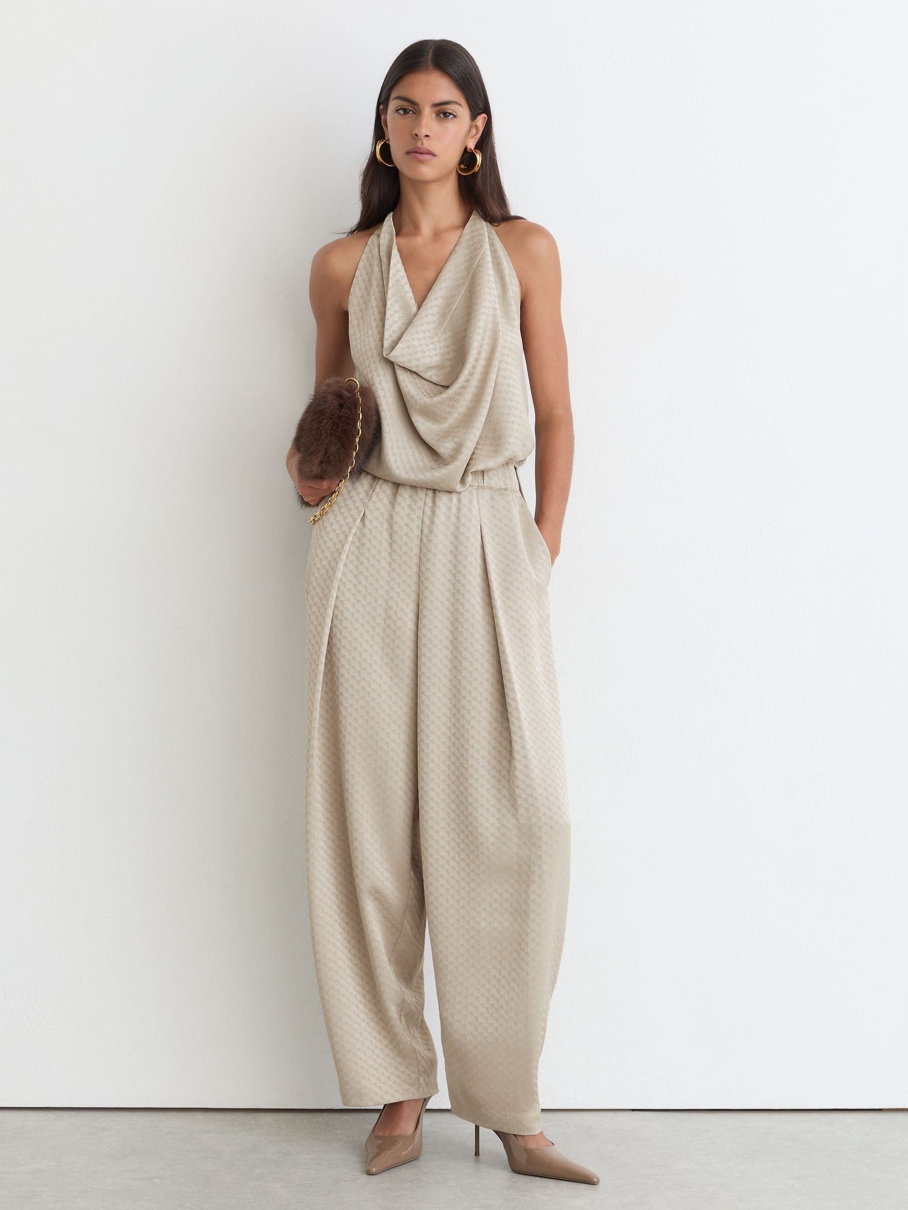 Champagne Neutral - Jacquard Pleated Tapered Trousers