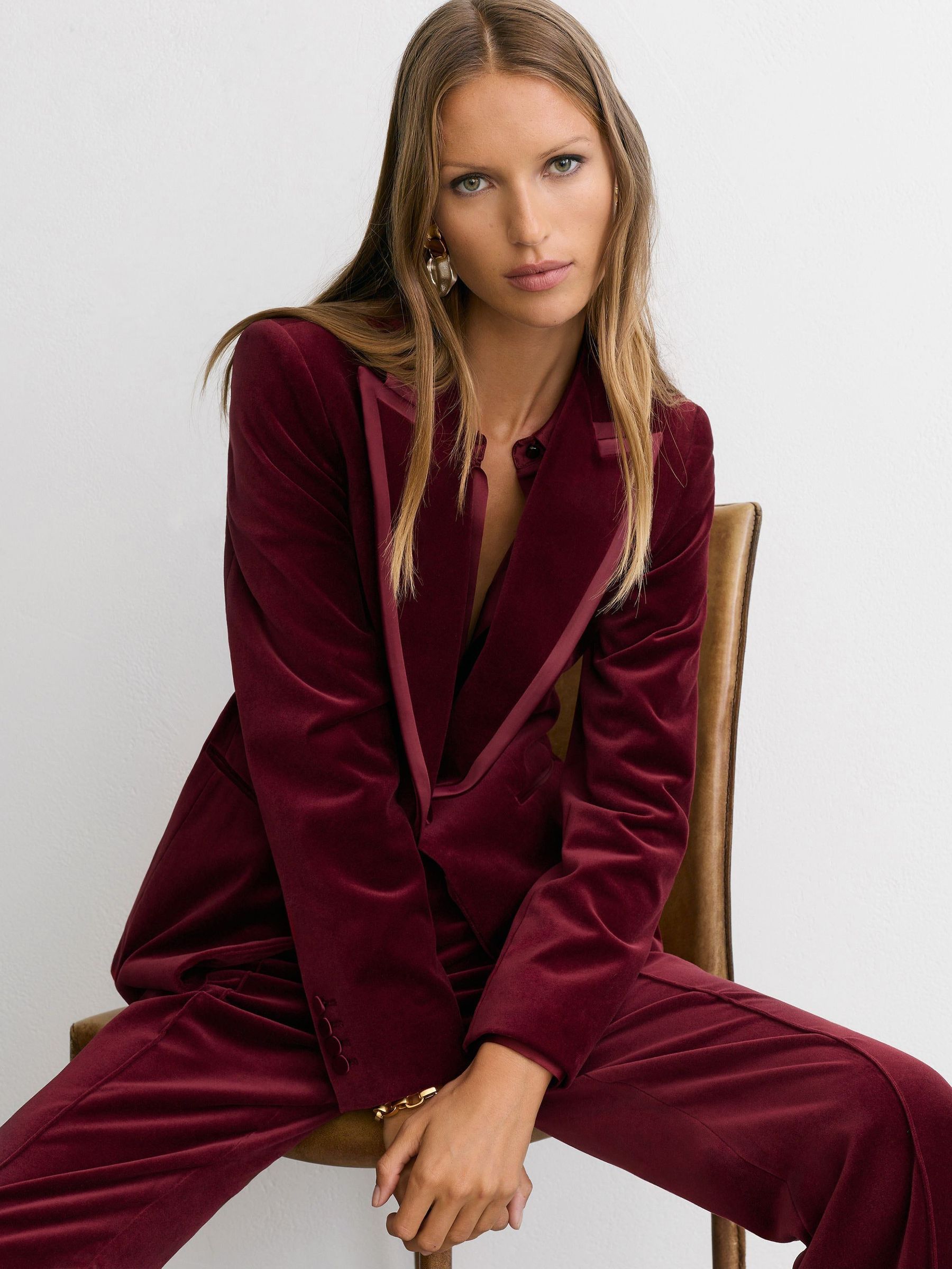 Dark Red - Velvet Satin-trim Single-breasted Suit Blazer