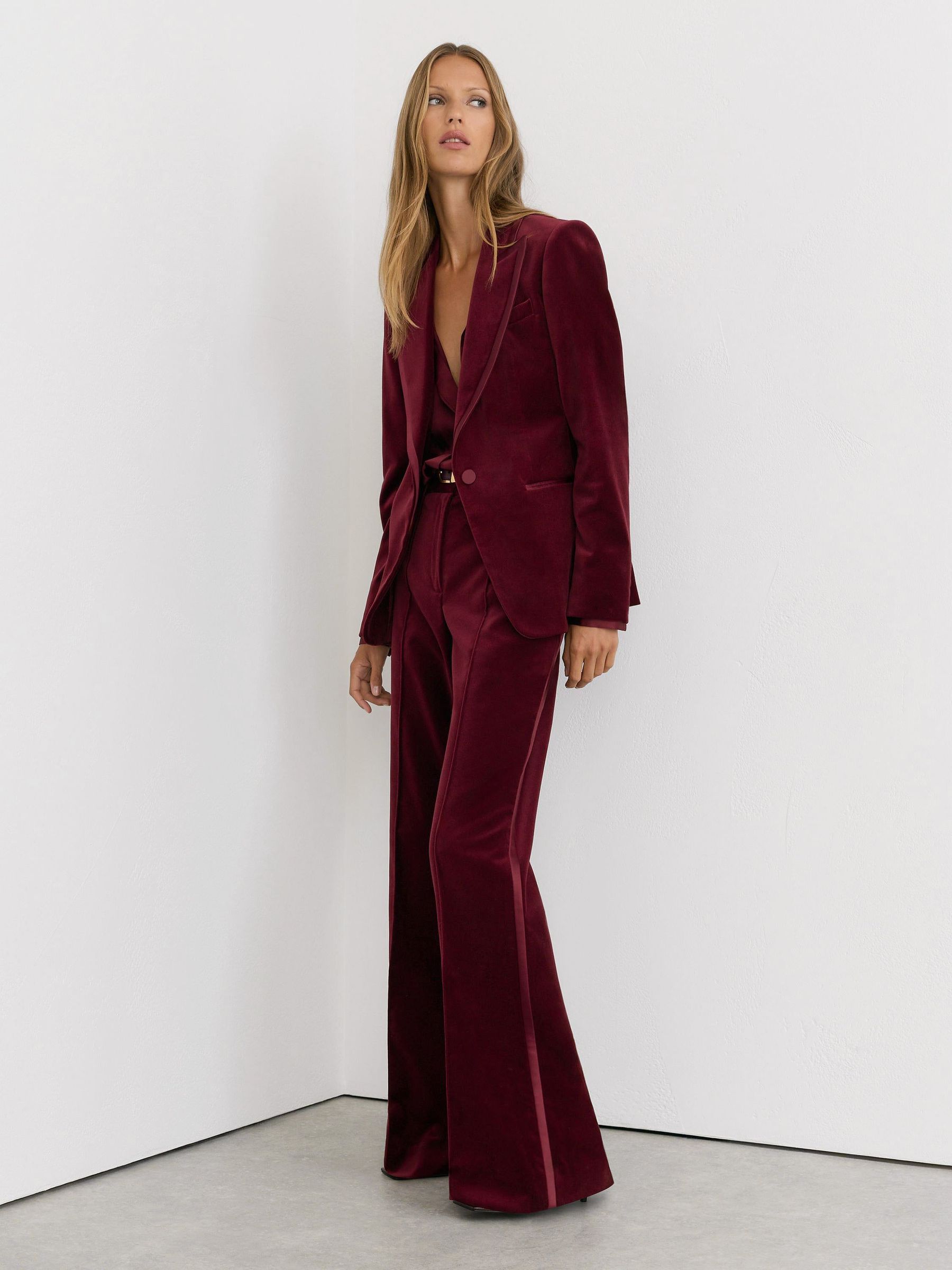 Dark Red - Velvet Flared Tuxedo Trousers